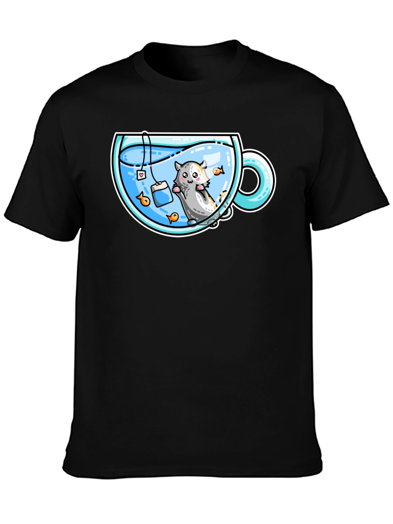 Black Cute Cartoon Tea Cup Hamster Graphic Tee view 3