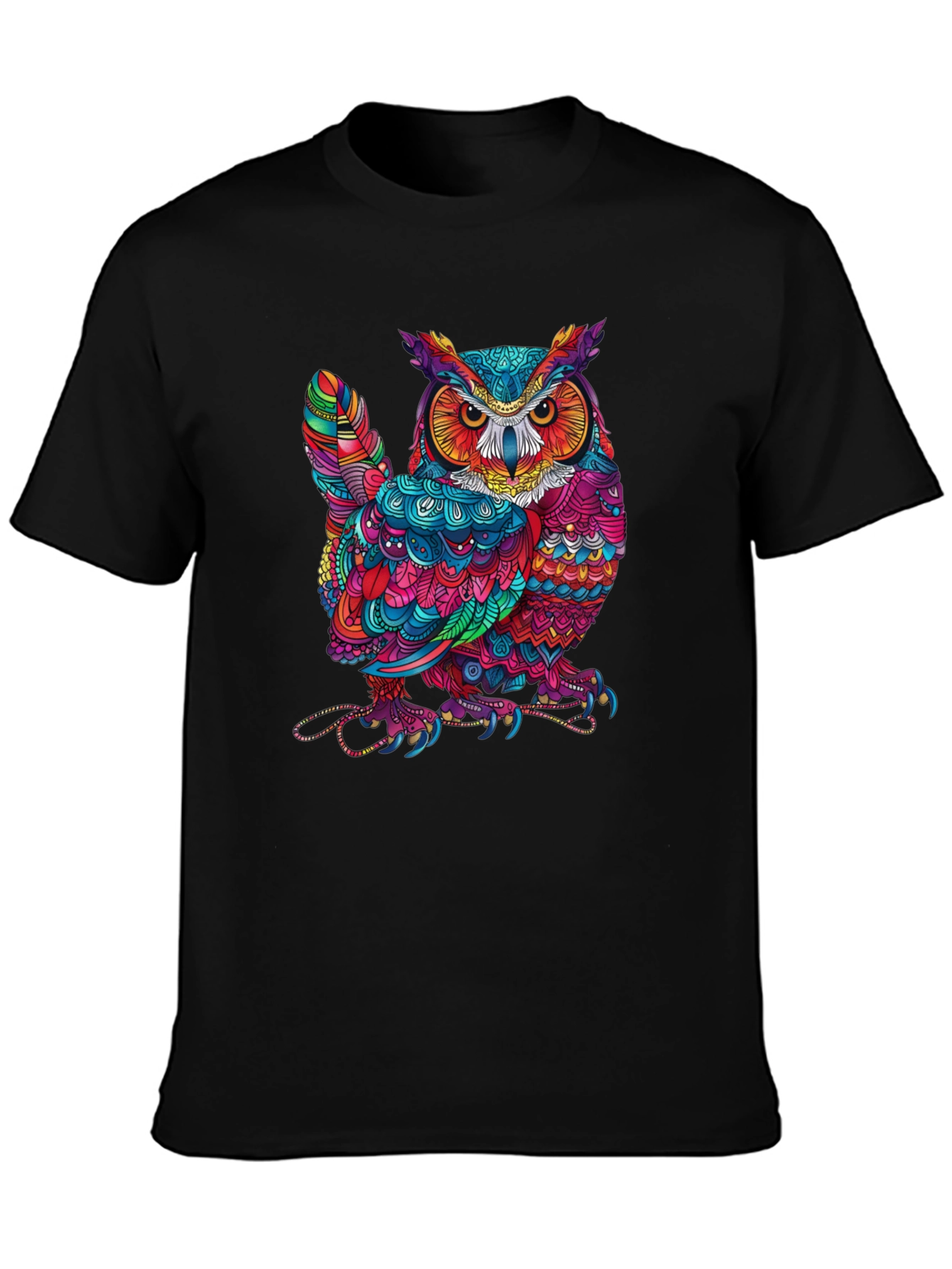 Black Colorful Owl Graphic Print Black T-Shirt view 3