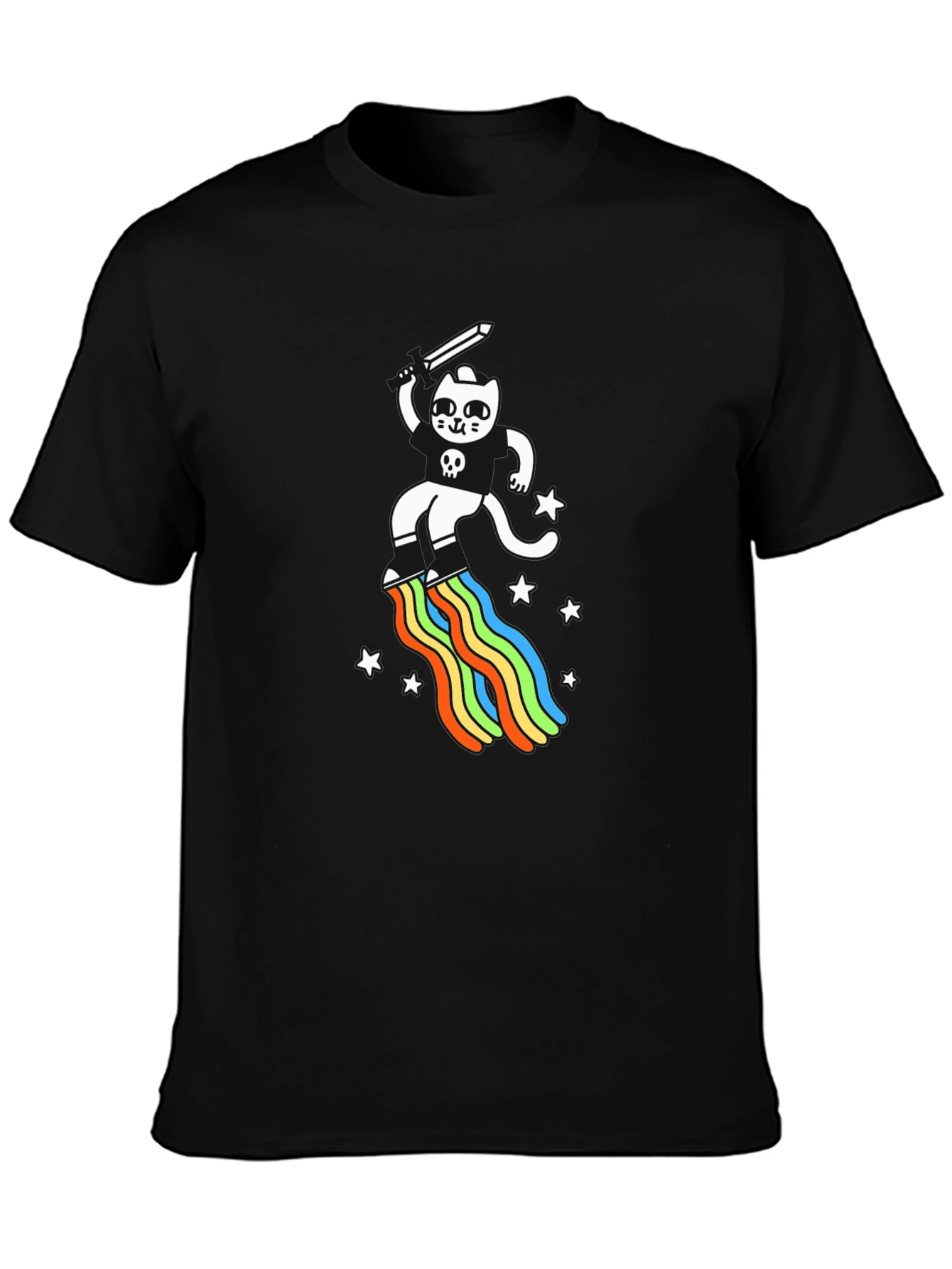 Black Cat Sword Rainbow Black T-Shirt view 3