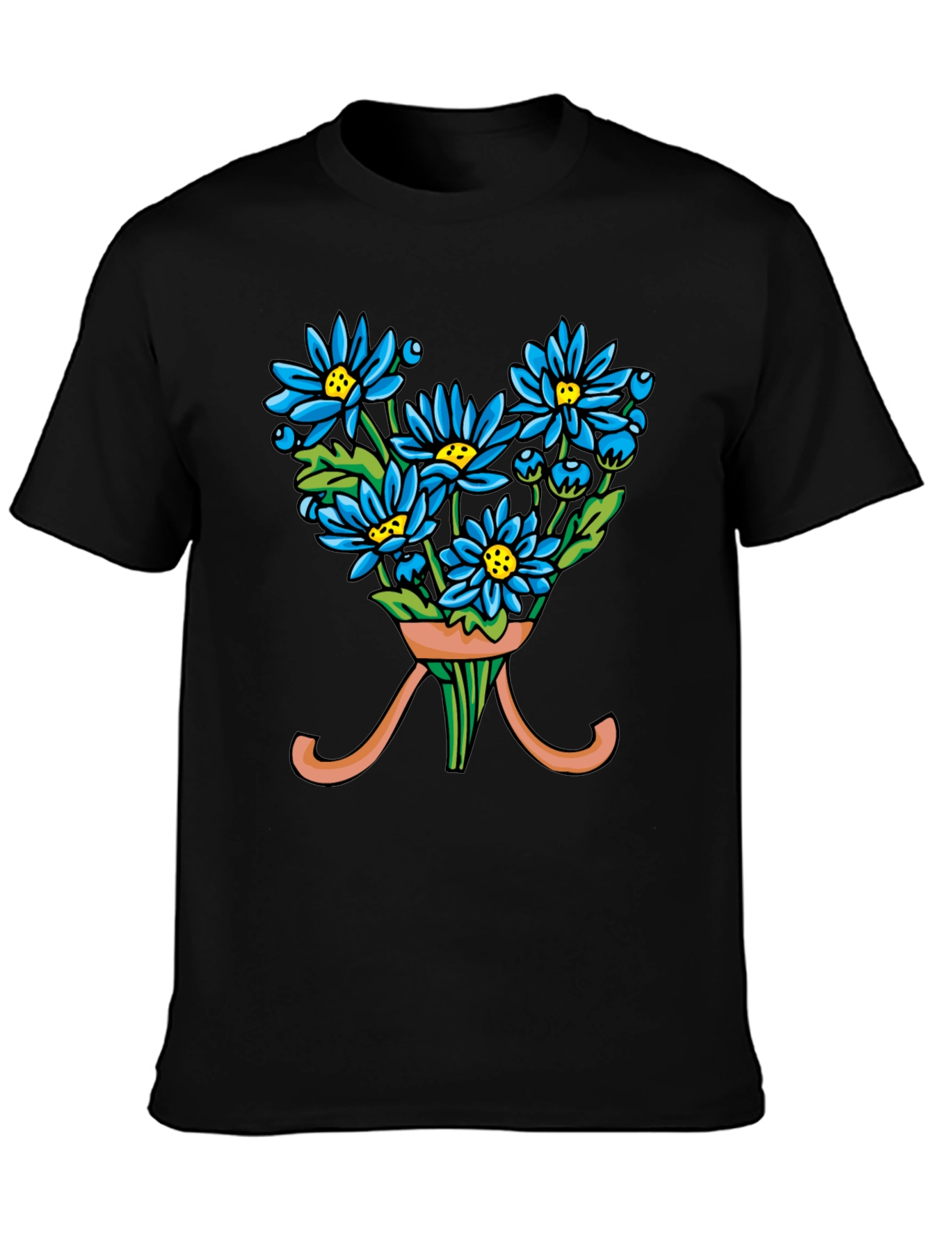 Black Floral Bouquet T-Shirt - Blue Daisy Design view 3