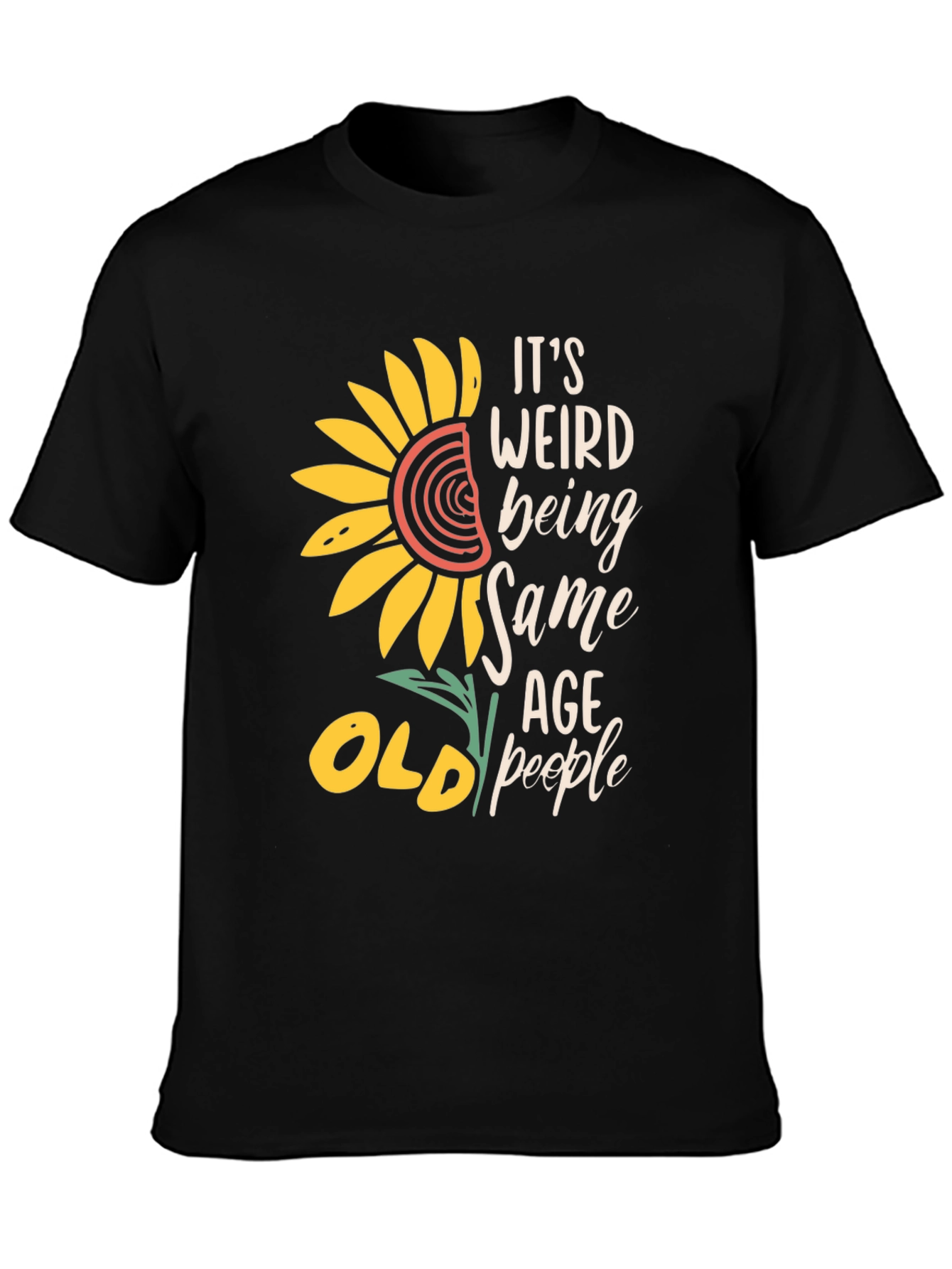 Black Funny Old People T-Shirt, Sunflower Design view 3