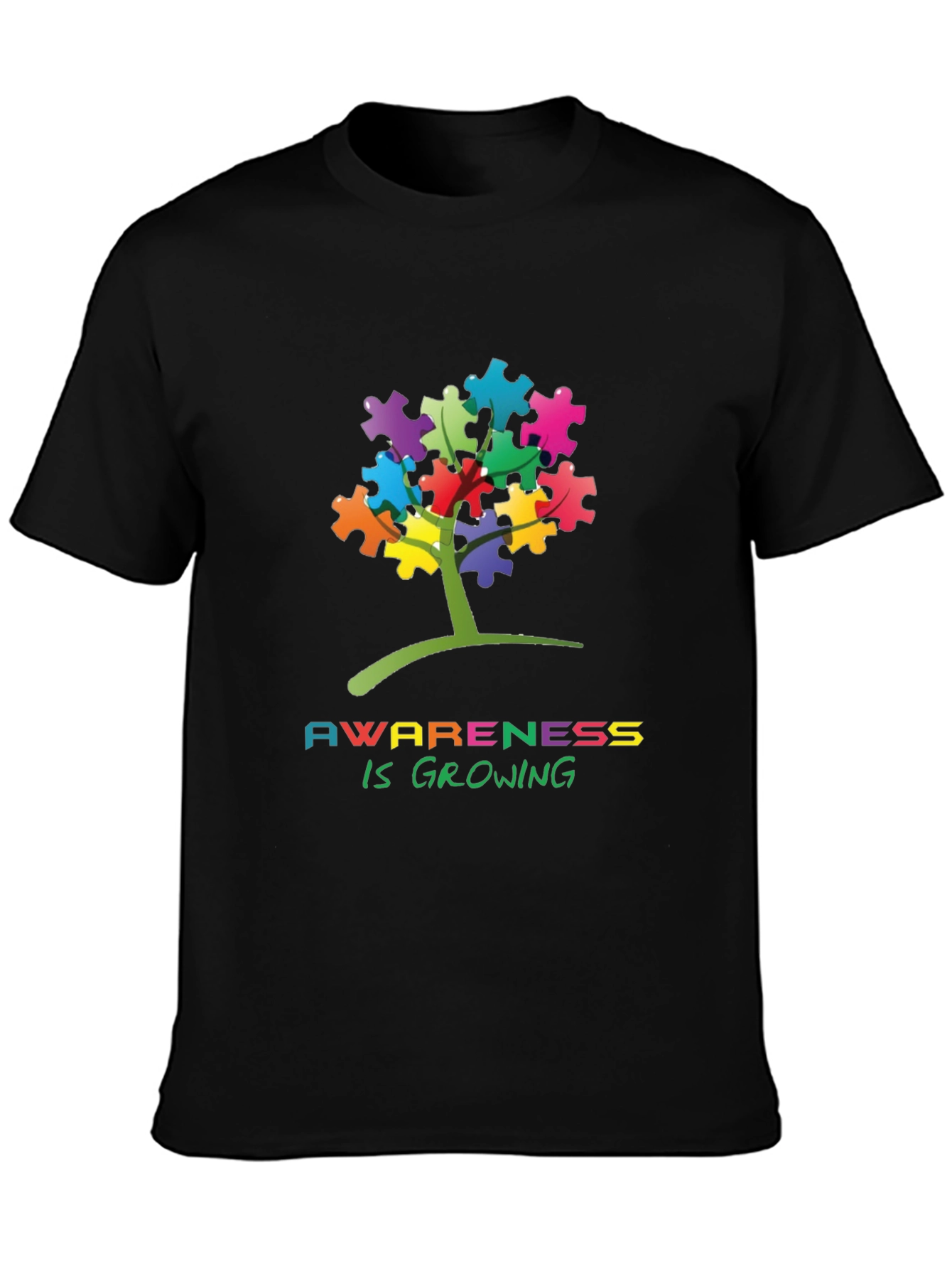 Black Autism Awareness Puzzle Tree T-Shirt view 3