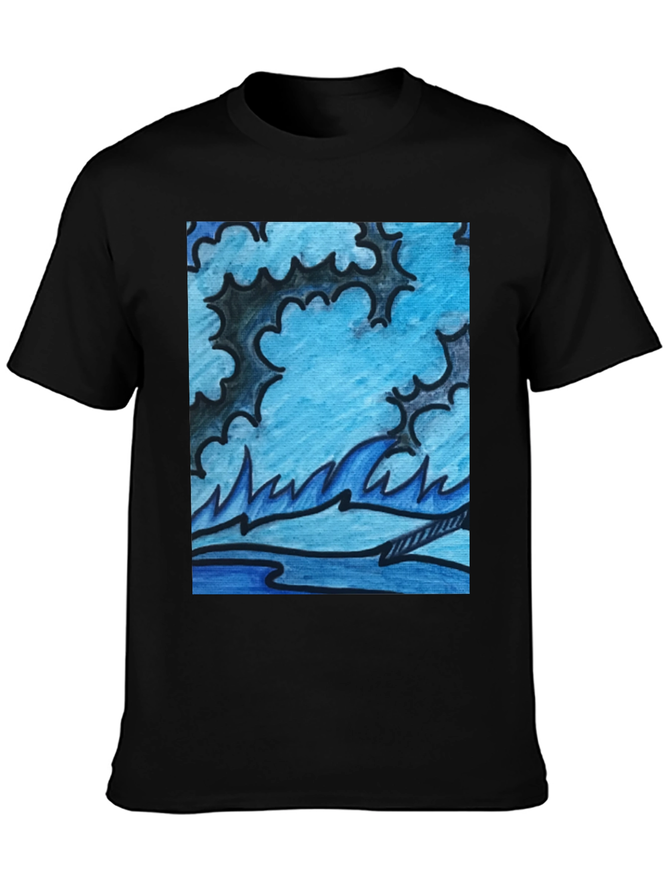 Black Abstract Blue Wave Graphic Black T-Shirt view 3