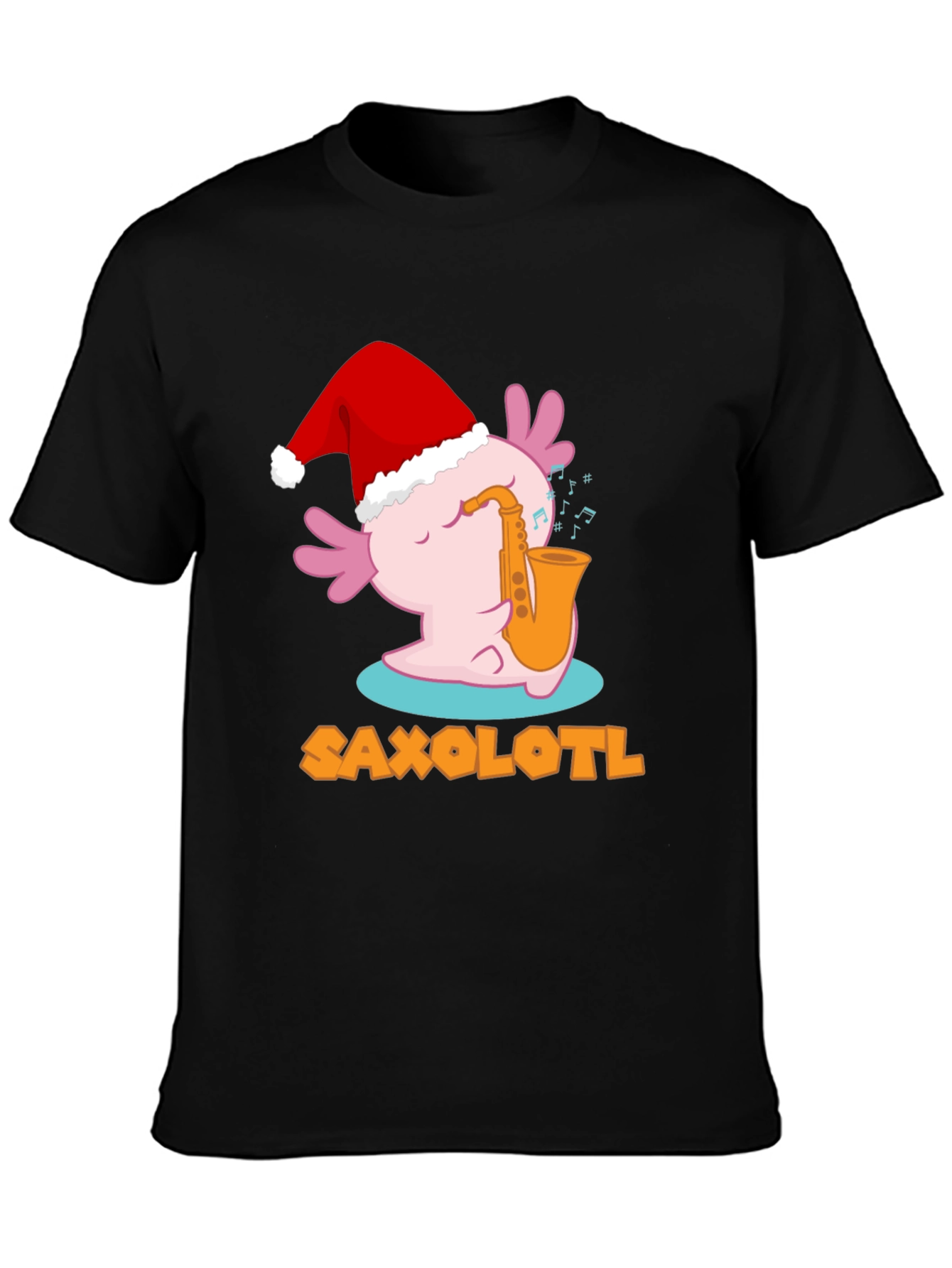 Black Saxolotl Santa Hat Christmas Black T-Shirt view 3