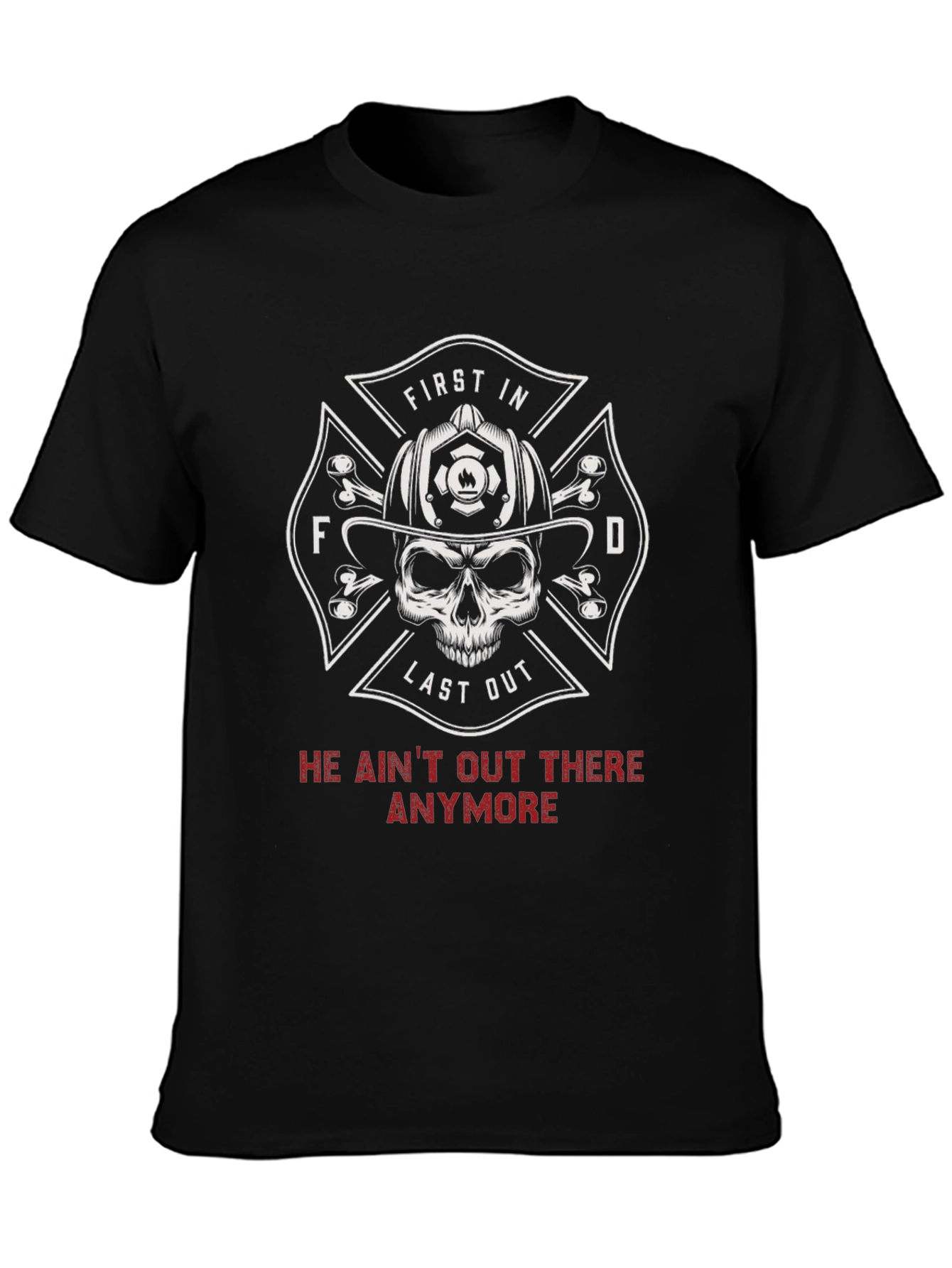 Black Firefighter Skull T-Shirt - First In Last Out view 3