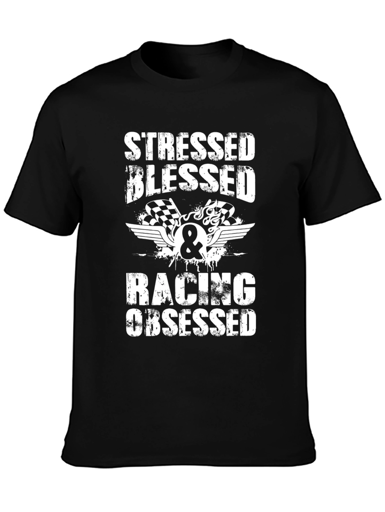 Black Stressed Blessed Racing Obsessed Graphic Tee view 3