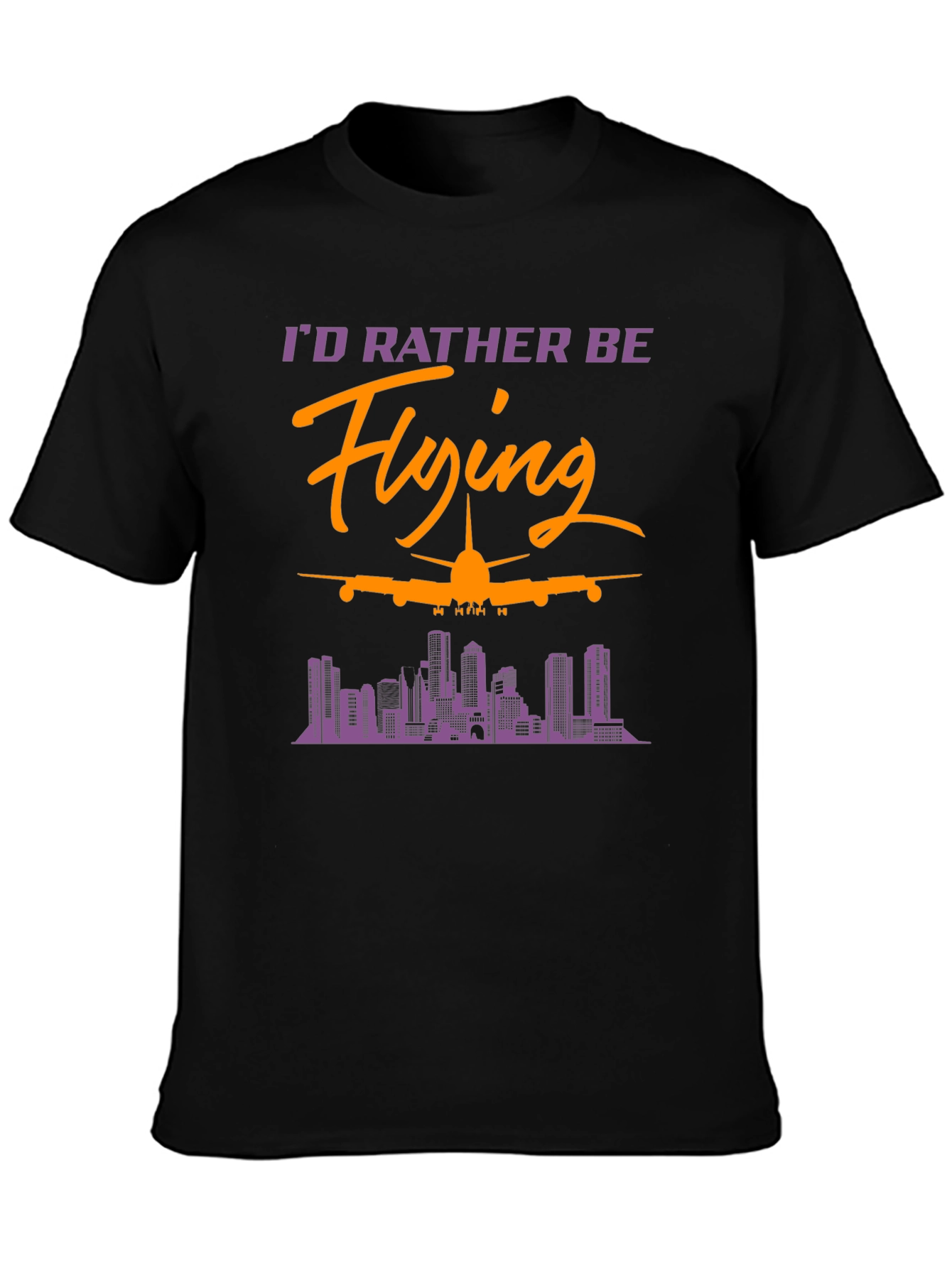 Black I'd Rather Be Flying T-Shirt: Airplane & City Skyline view 3