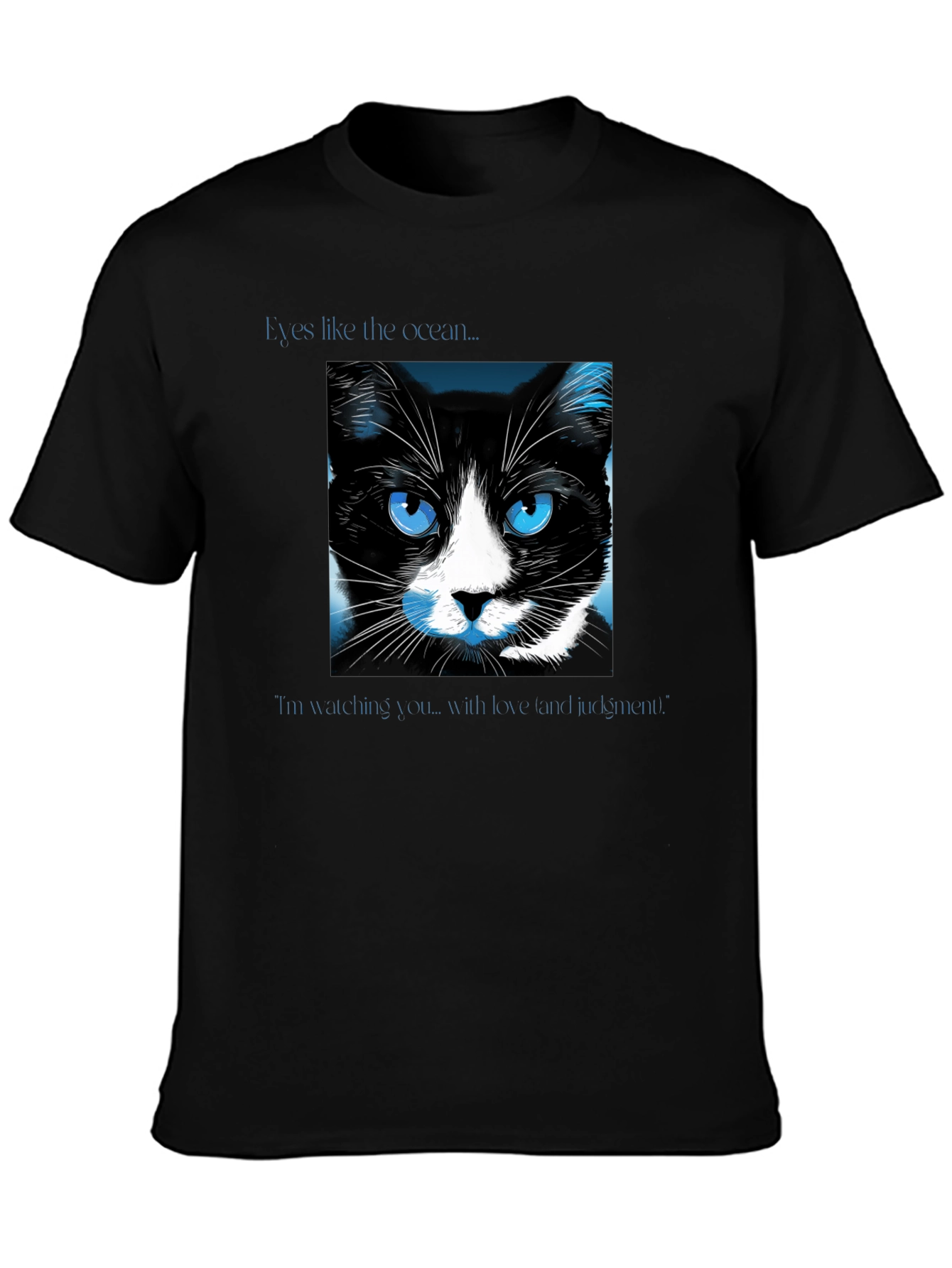 Black Ocean Eyes Cat Graphic Tee - Soft Black Shirt view 3