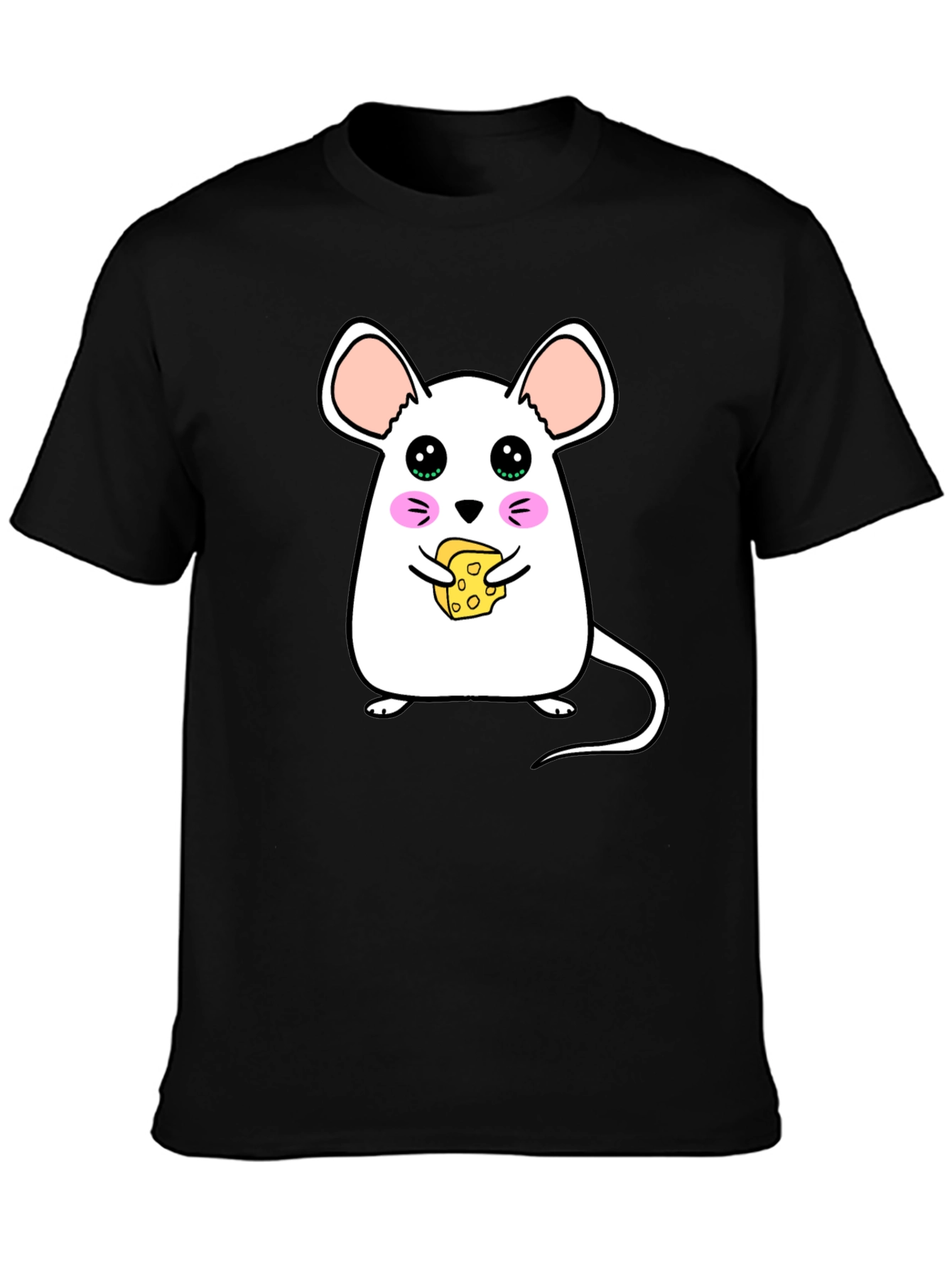 Black Cute Cartoon Mouse Eating Cheese Graphic T-Shirt view 3
