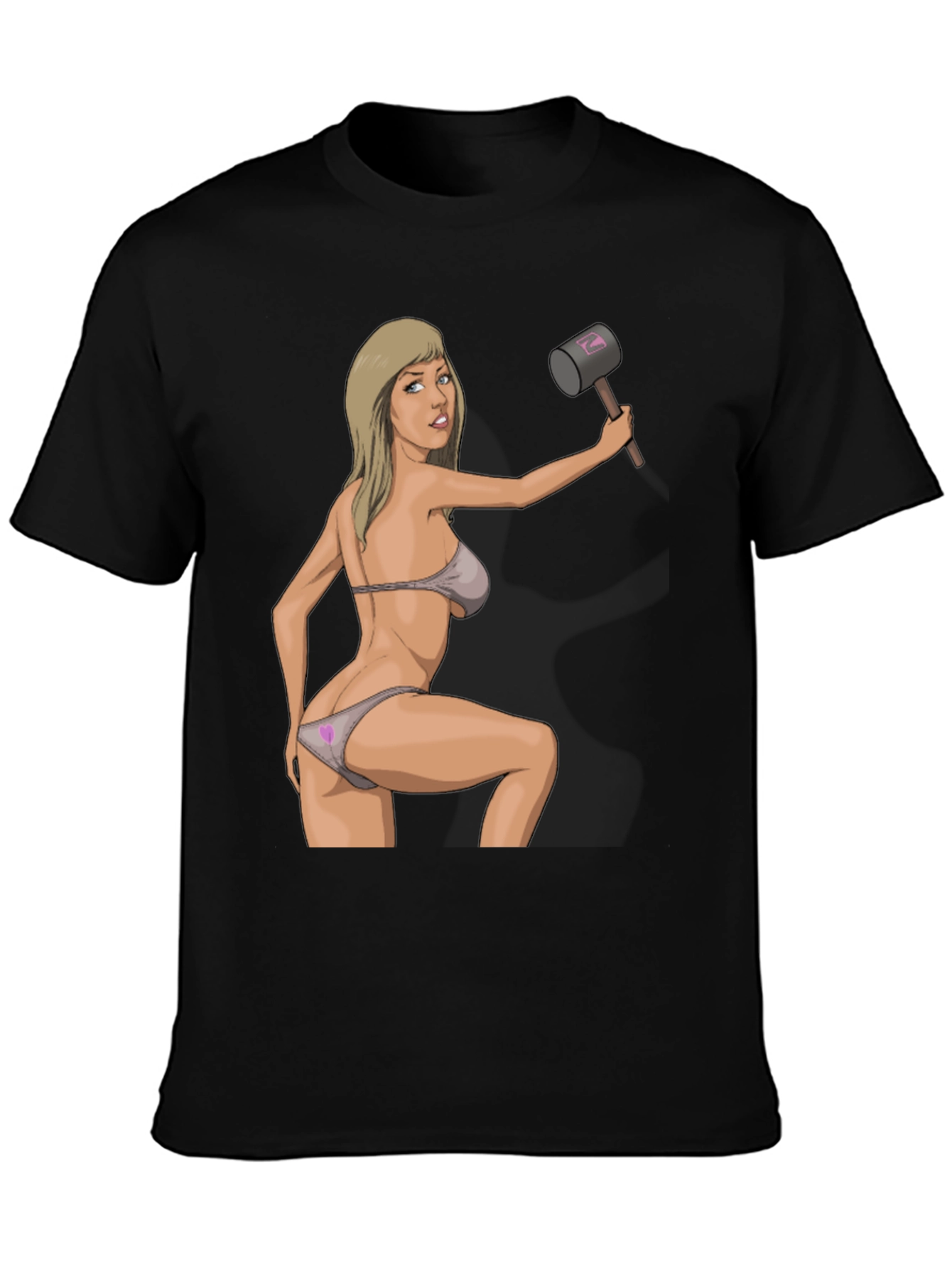 Black Humorous Graphic Tee - Sexy Woman with Hammer view 3
