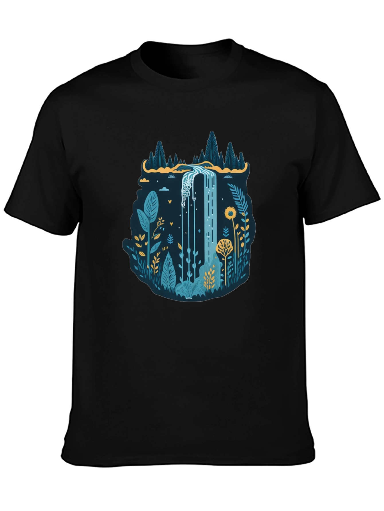 Black Nature Waterfall Graphic Black T-Shirt view 3