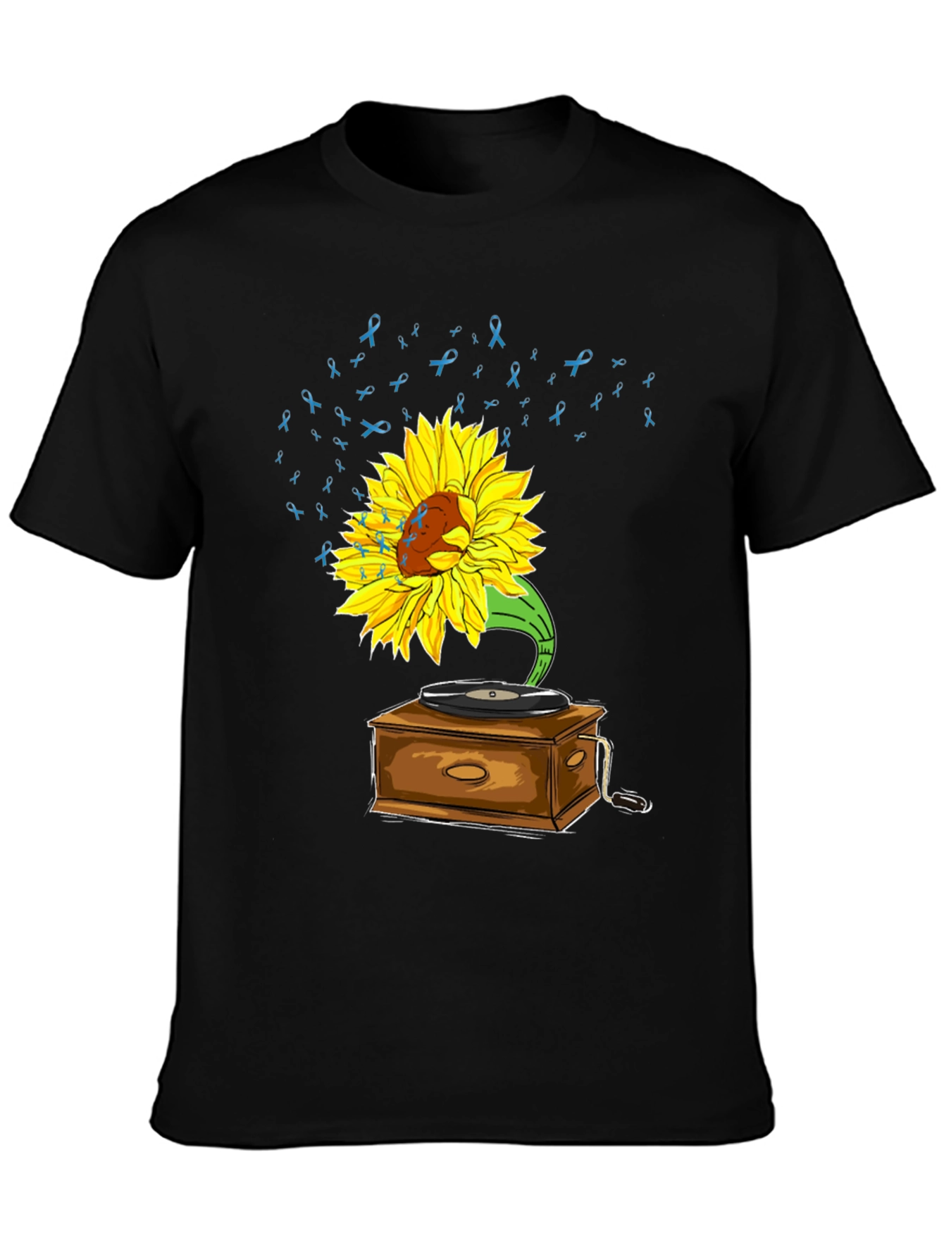 Black Sunflower Gramophone Tee - Awareness Ribbon Music Shirt view 3