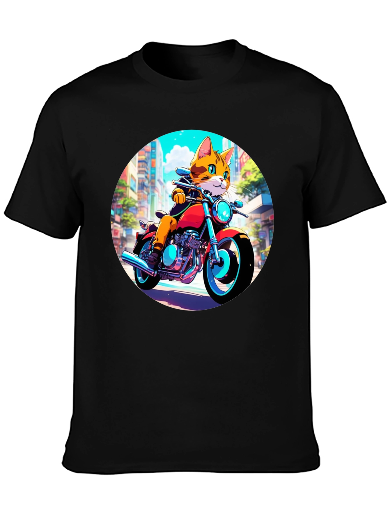 Black Cool Cat Motorcycle Rider Graphic T-Shirt view 3