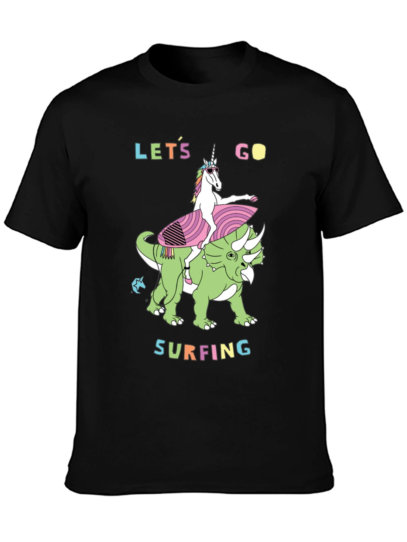 Black Unicorn Riding Dinosaur Graphic Tee - Let's Go Surfing view 3