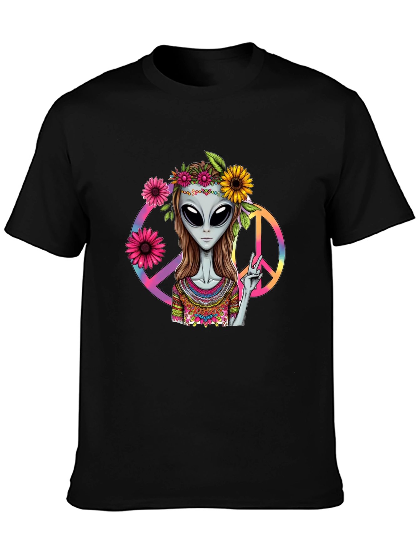 Black Alien Peace T-Shirt - Black Graphic Tee view 3