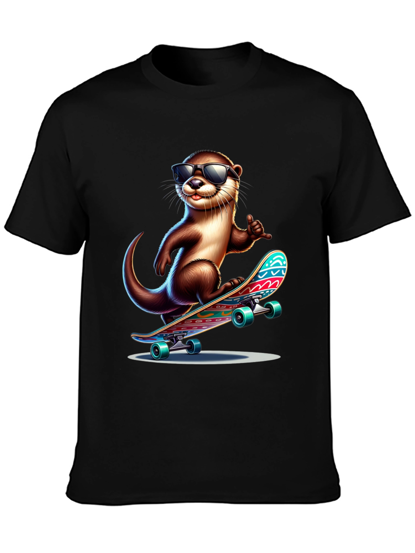 Black Cool Otter Skateboard T-Shirt - Black Cotton Tee view 3