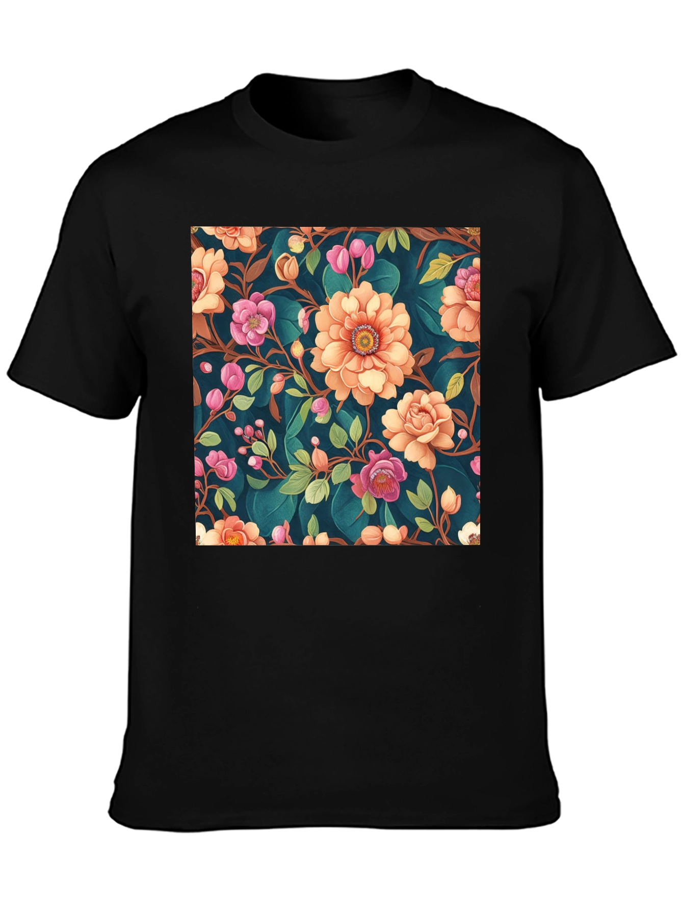 Black Floral Pattern Black T-Shirt: Stylish Print Tee view 3
