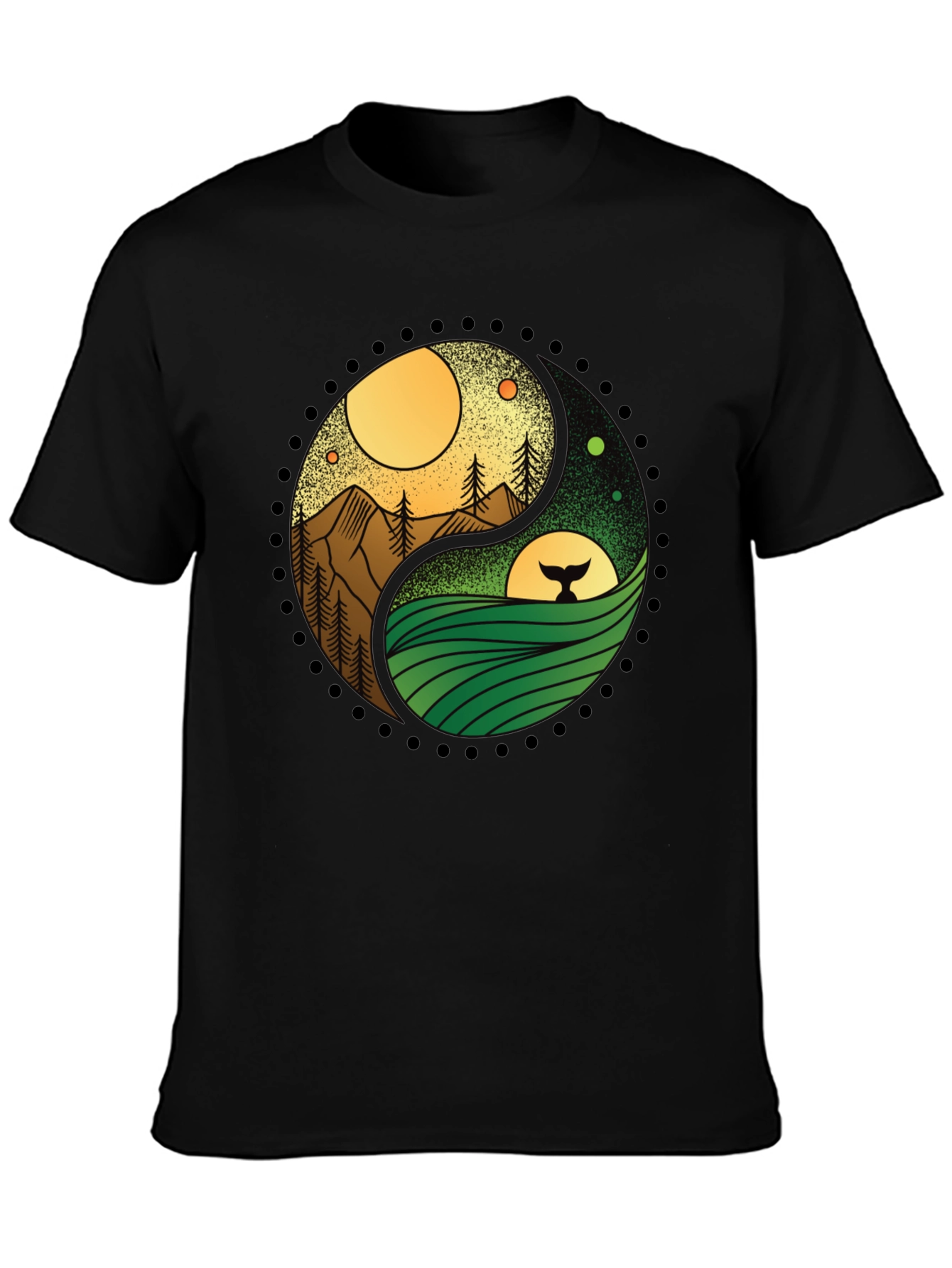 Black Yin Yang Nature T-Shirt - Mountain & Ocean Design view 3