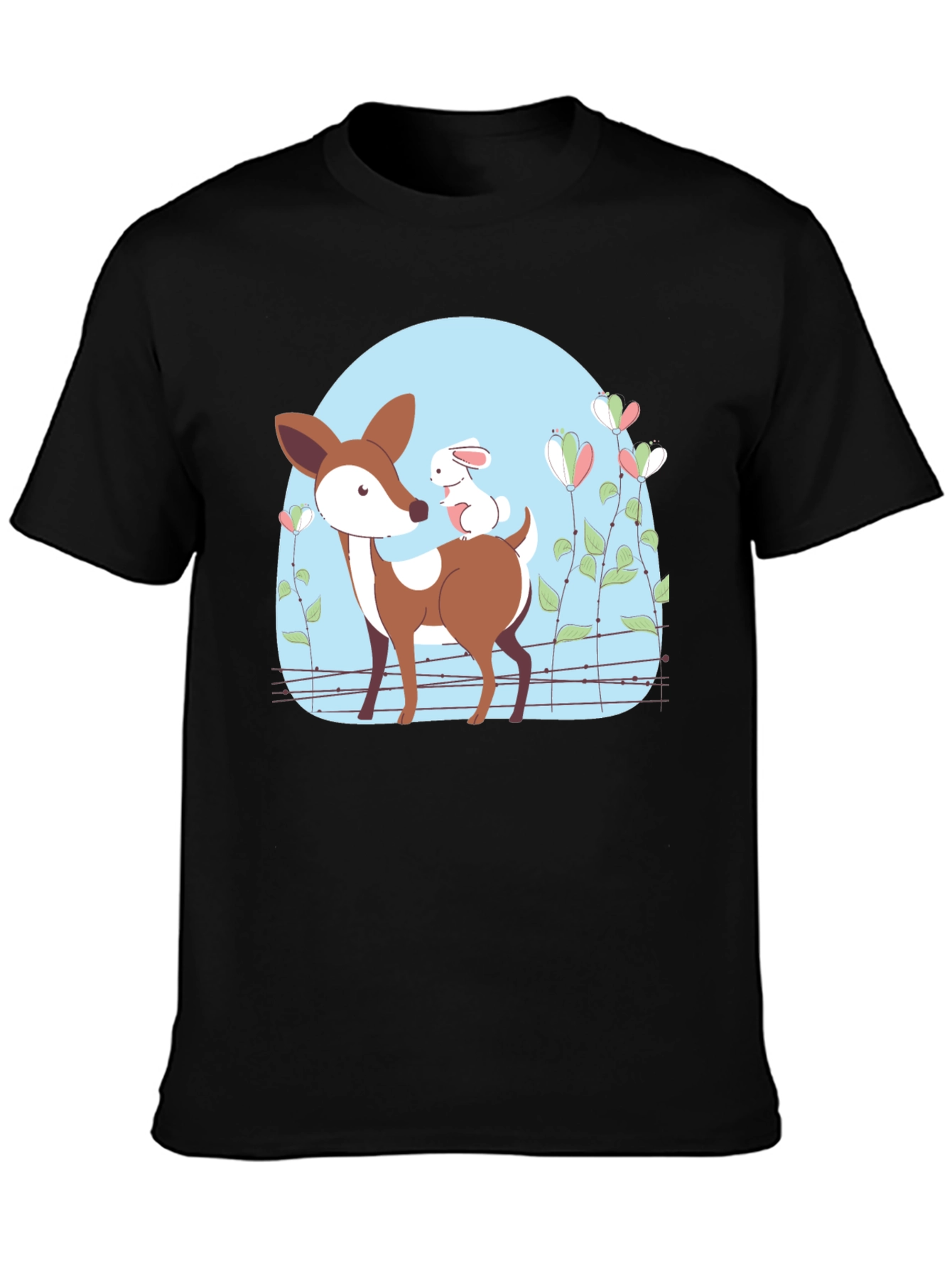 Black Cute Deer & Rabbit Graphic Black T-Shirt view 3