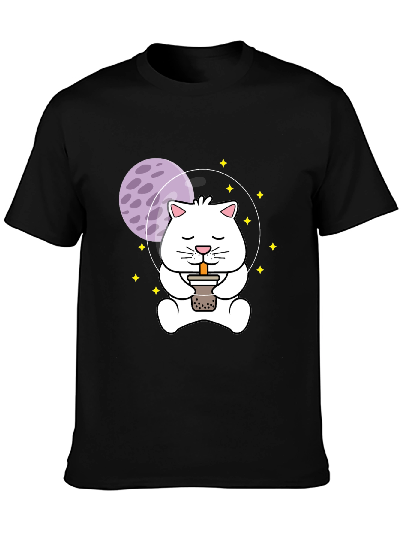 Black Astronaut Cat Boba Tea Graphic T-Shirt view 3