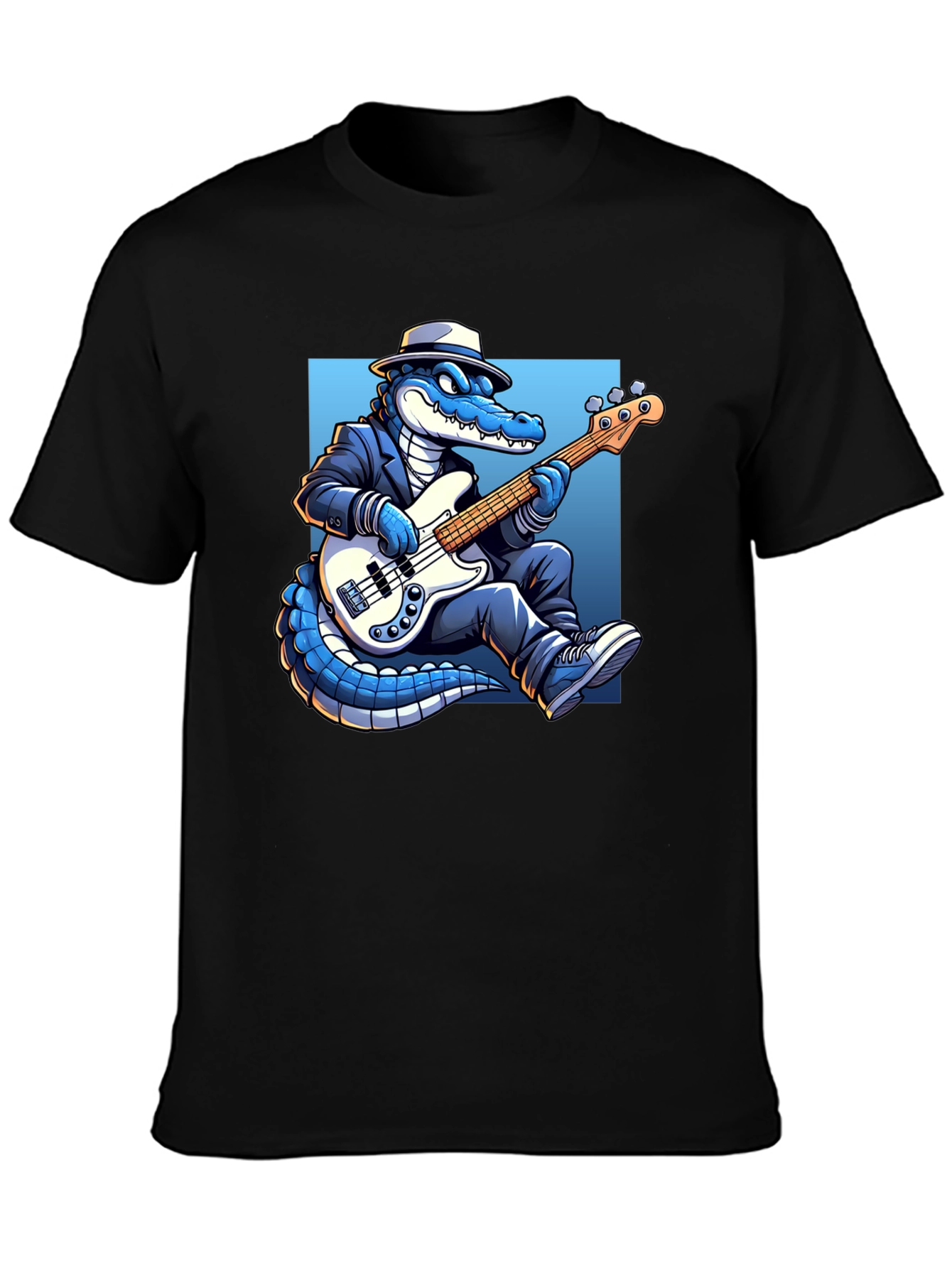 Black Cool Gator Playing Bass Guitar T-Shirt view 3