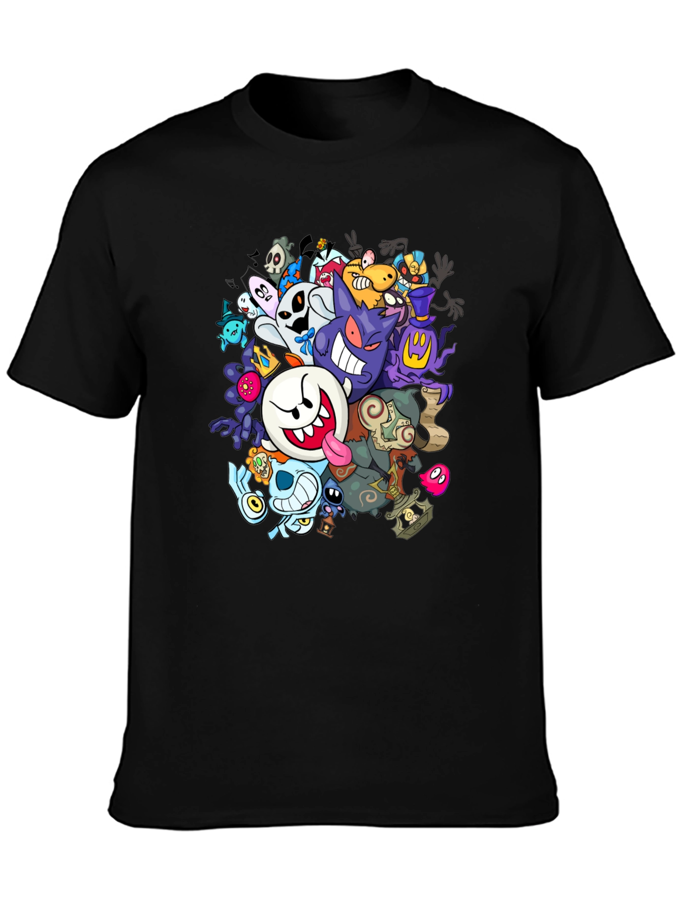 Black Ghostly Gathering T-Shirt: Spooky Cartoon Design view 3