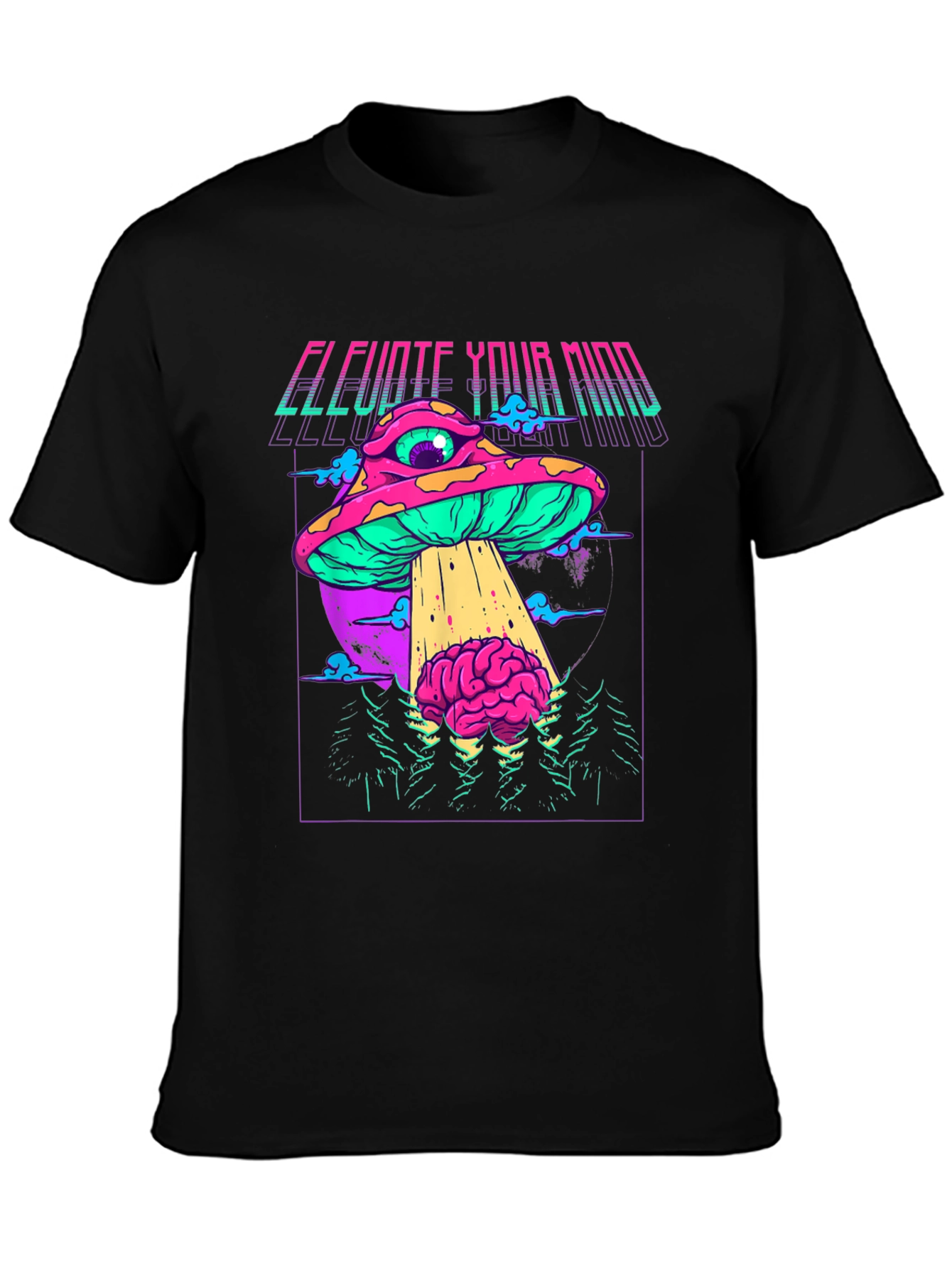 Black Elevate Your Mind Graphic T-Shirt - Retro Psychedelic Mushroom UFO view 3