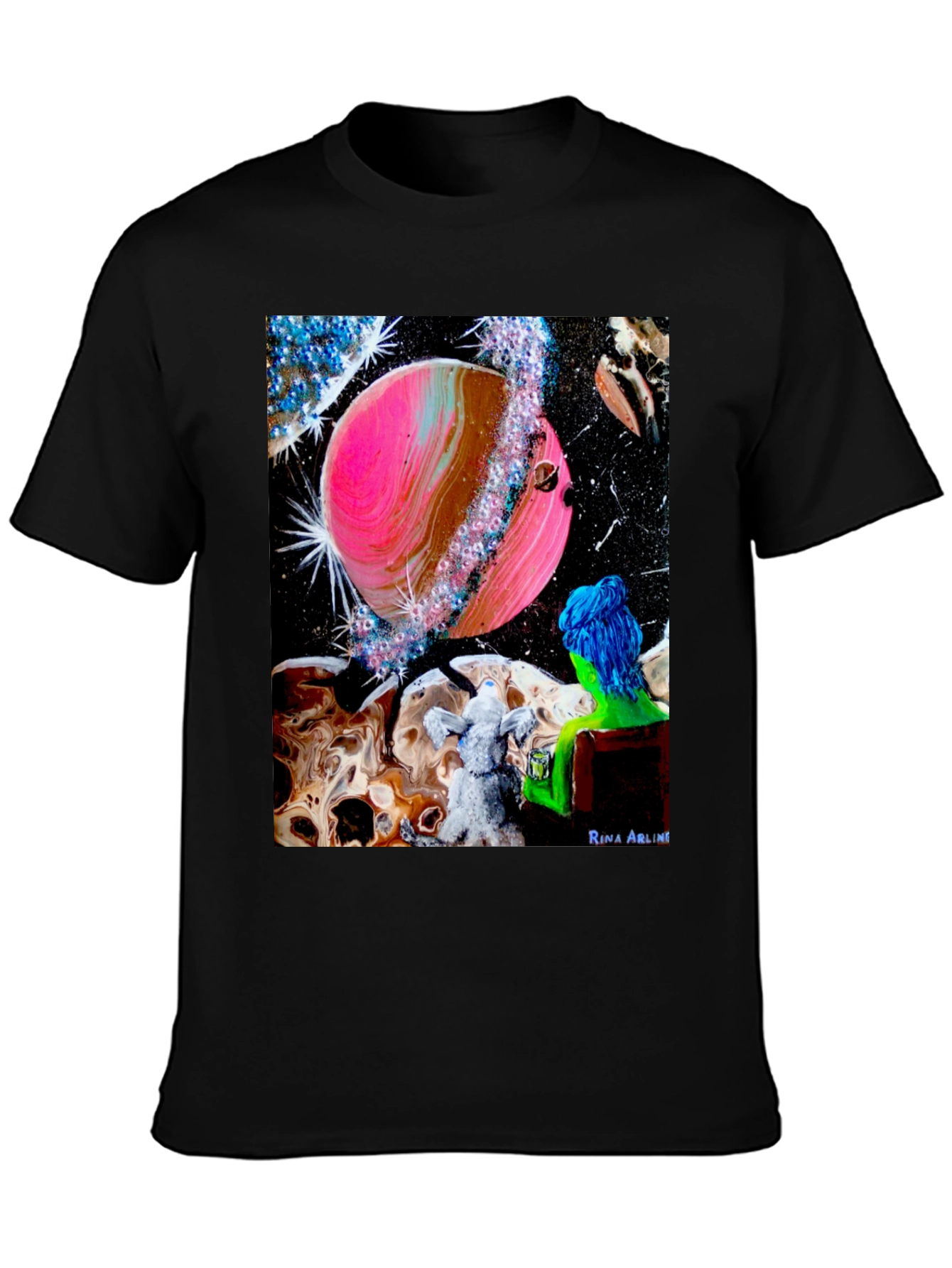 Black Cosmic Dreamer T-Shirt: Pink Planet & Blue Haired Girl view 3