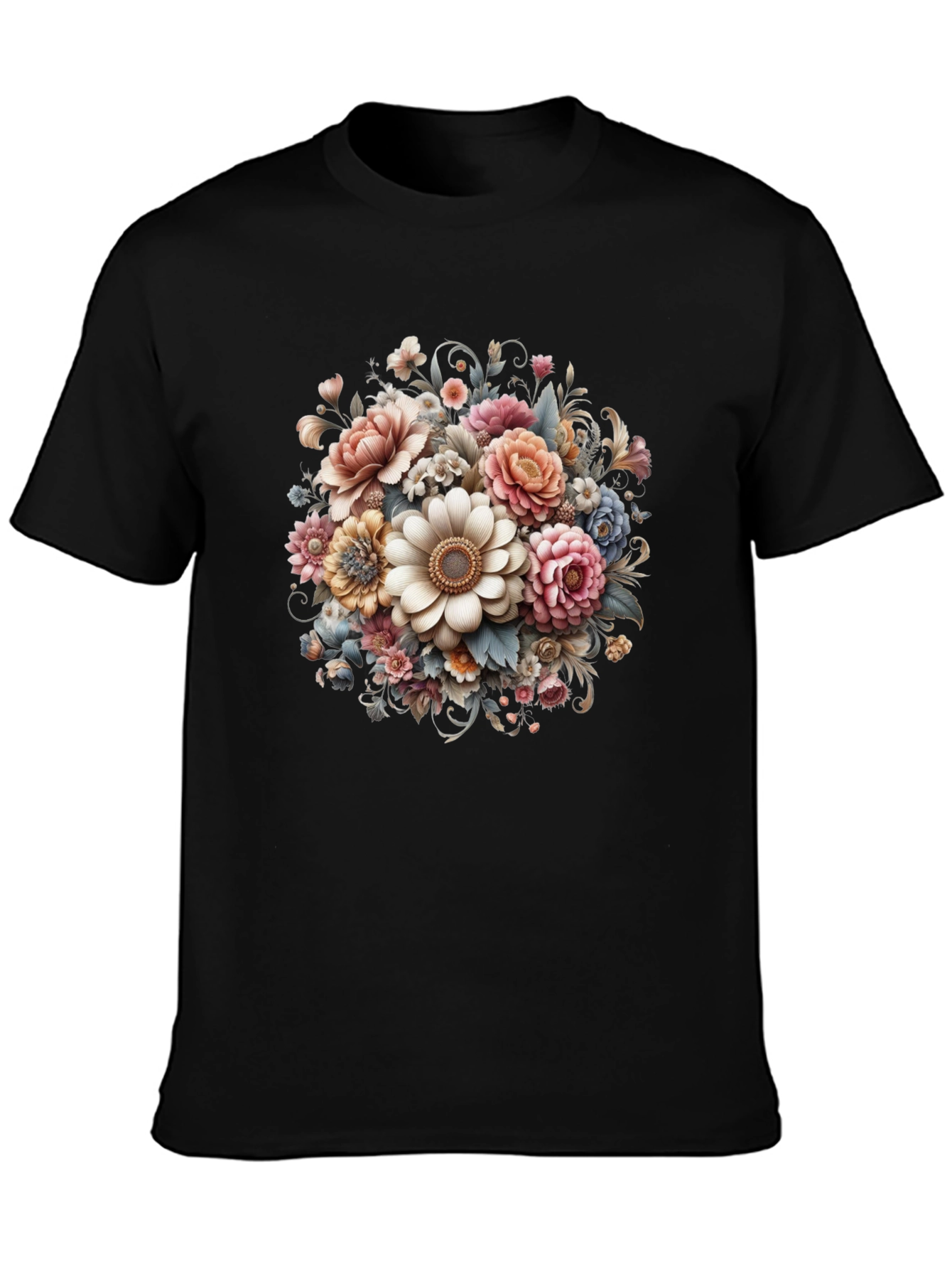 Black Floral Bouquet Graphic Black T-Shirt view 3