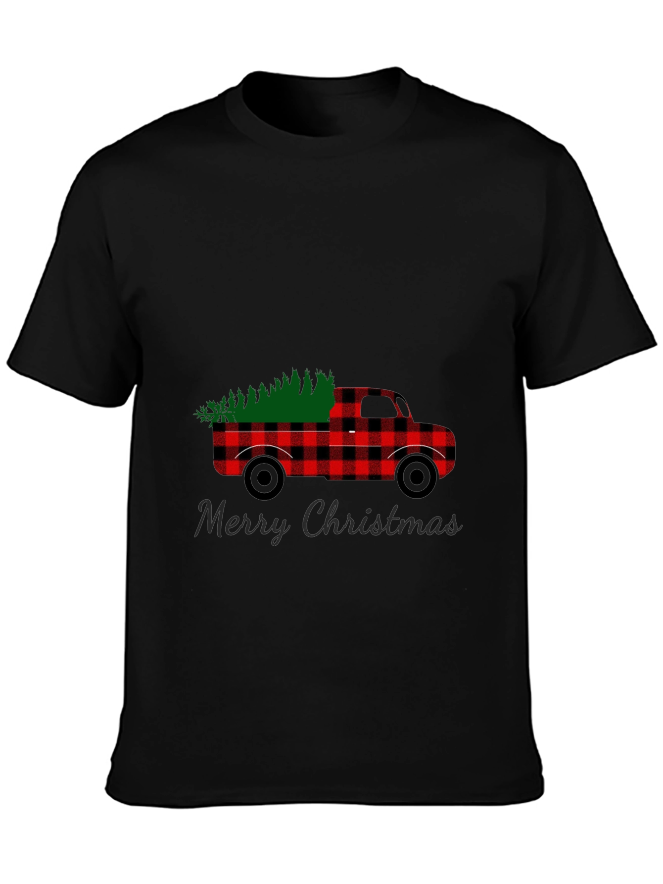 Black Merry Christmas Buffalo Plaid Truck T-Shirt view 3