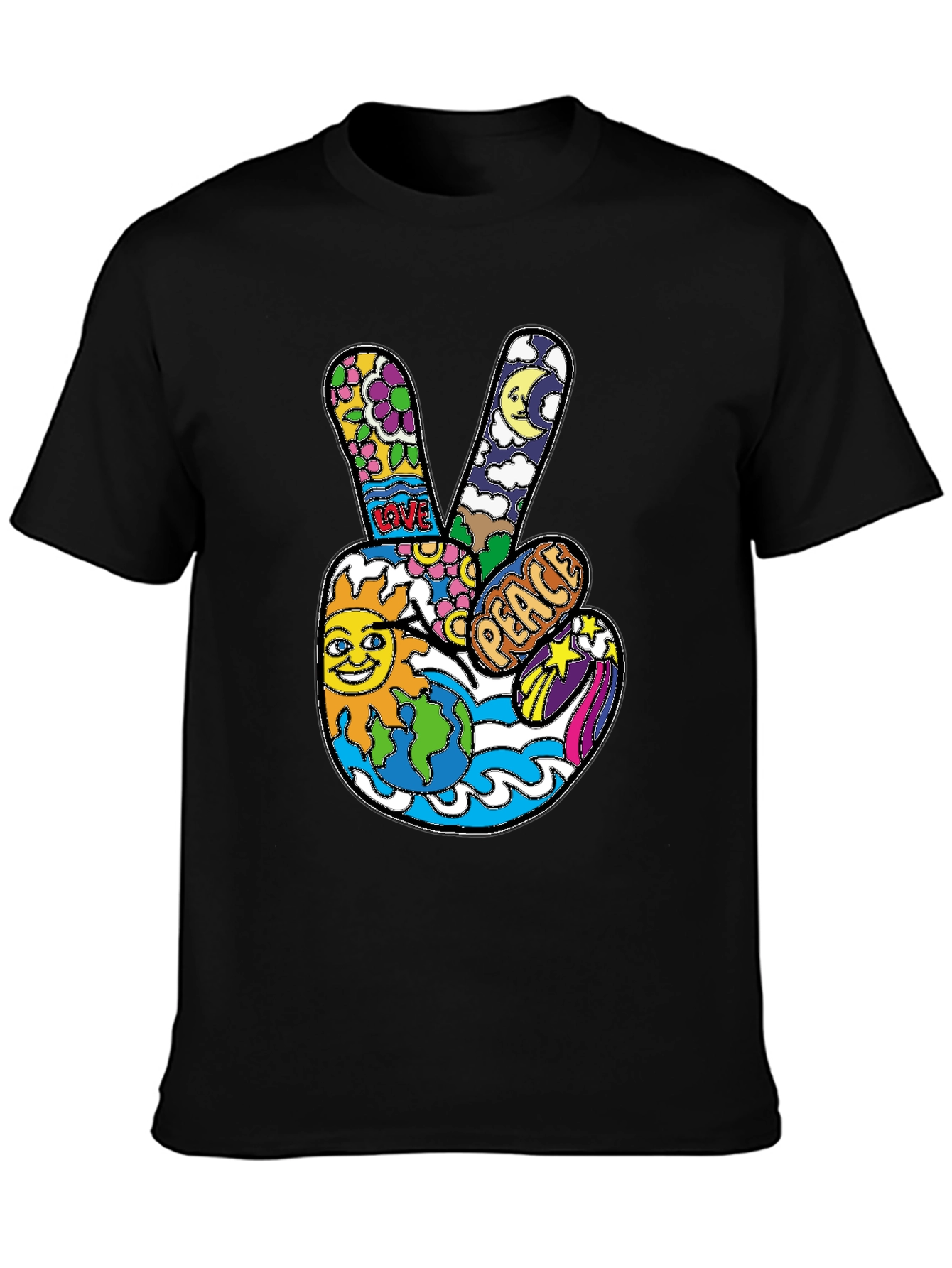 Black Peace Sign Graphic T-Shirt - Retro Hippie Style view 3