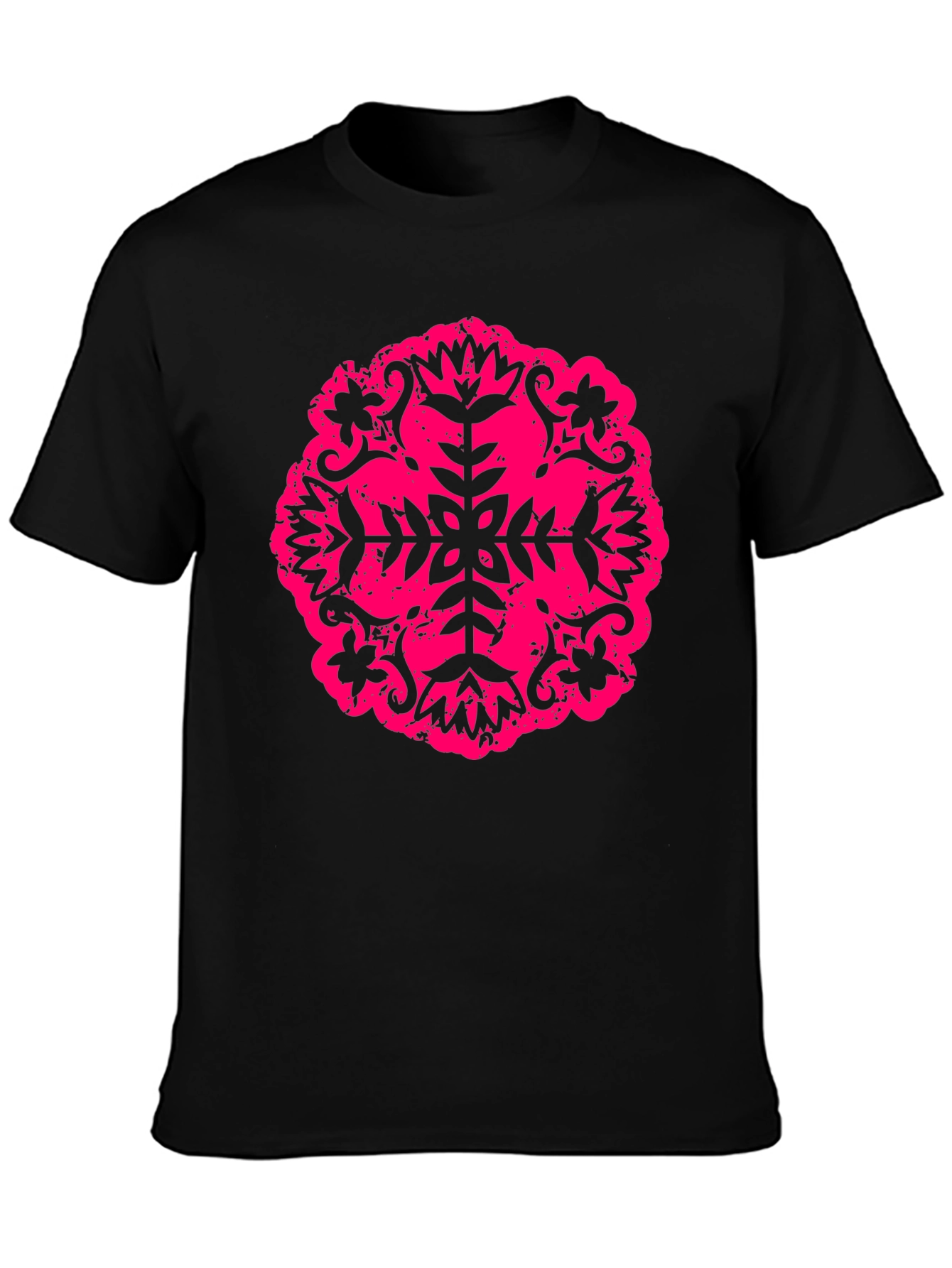 Black Black Tee with Pink Floral Mandala Design view 3