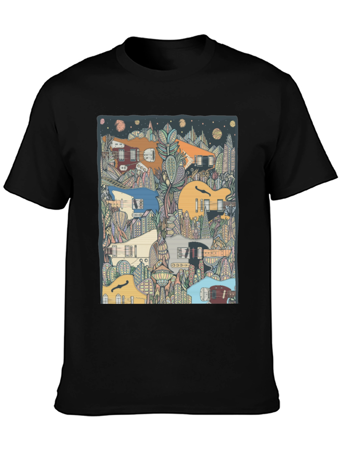 Black Guitar Cityscape T-Shirt - Music Lover Tee view 3