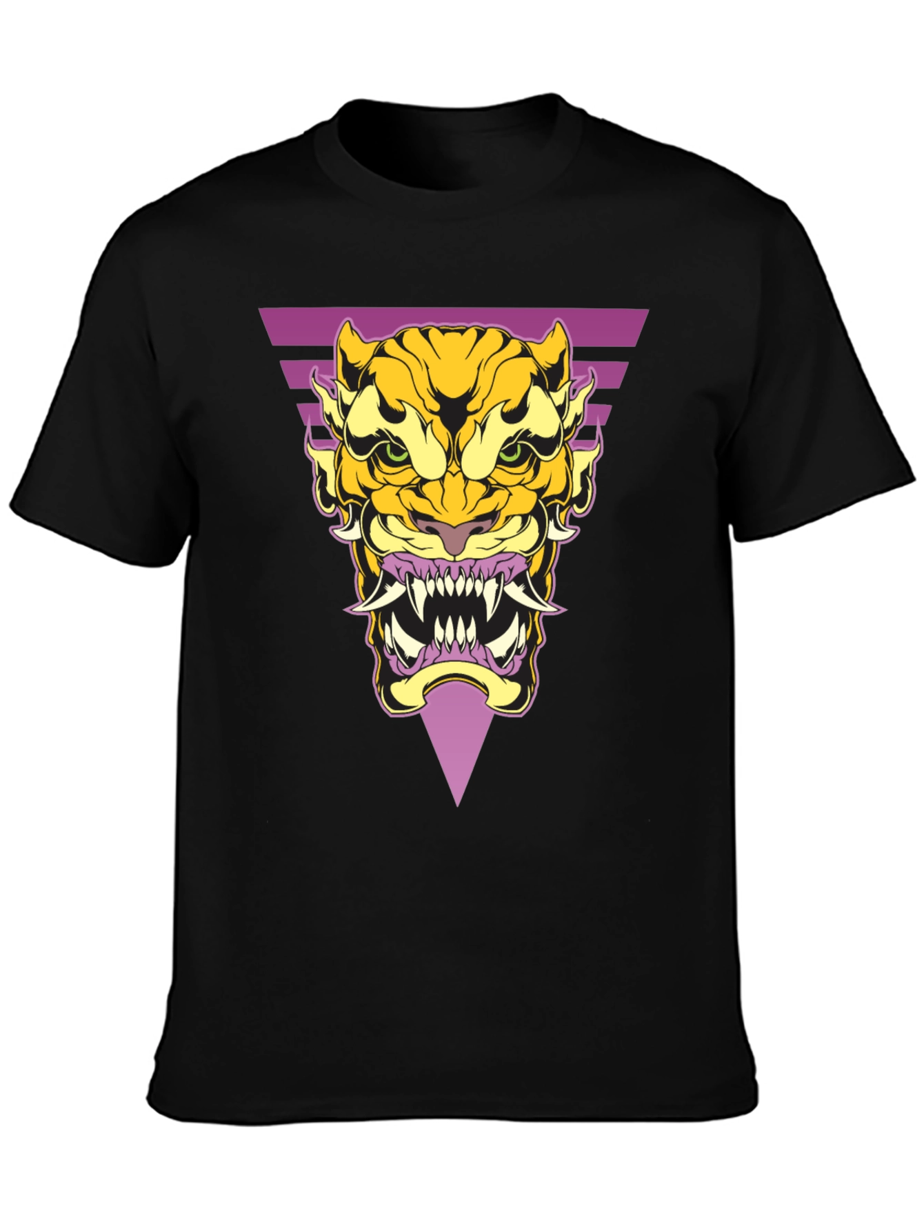 Black Geometric Tiger Graphic Tee - Black Cotton T-Shirt view 3