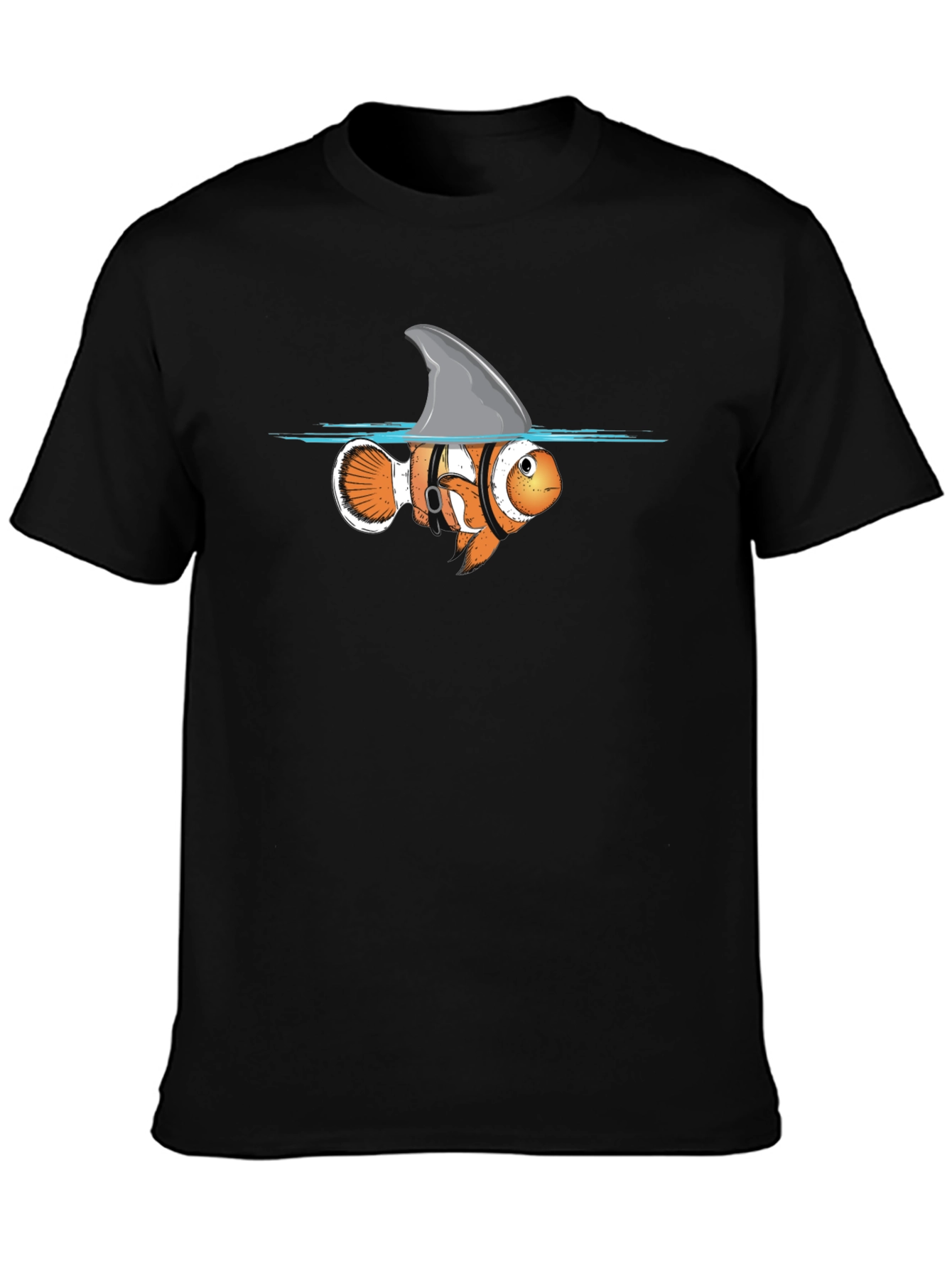 Black Funny Clownfish Shark Fin Graphic T-Shirt view 3