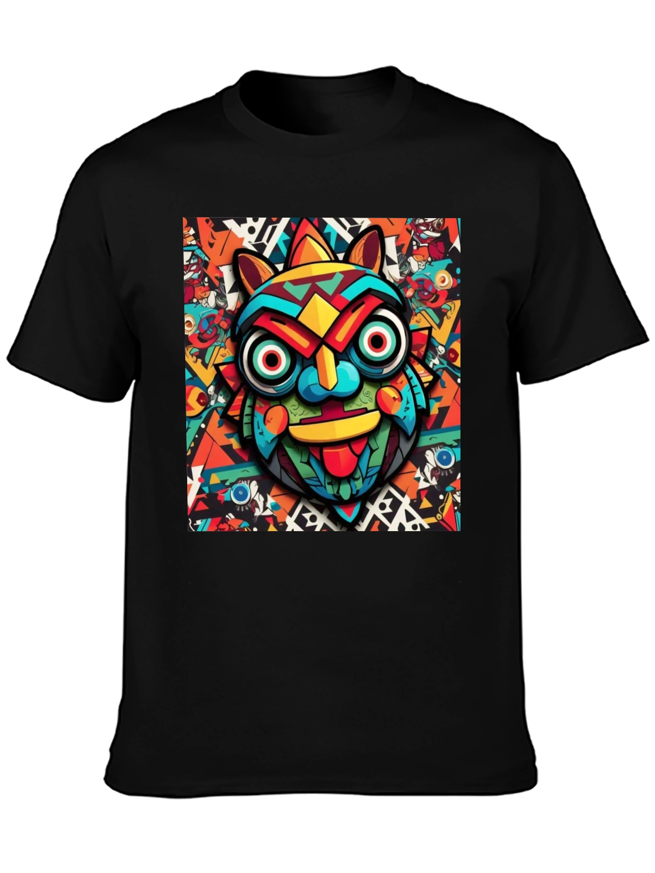 Black Bold Graphic Tee - Colorful Tribal Mask Design view 3