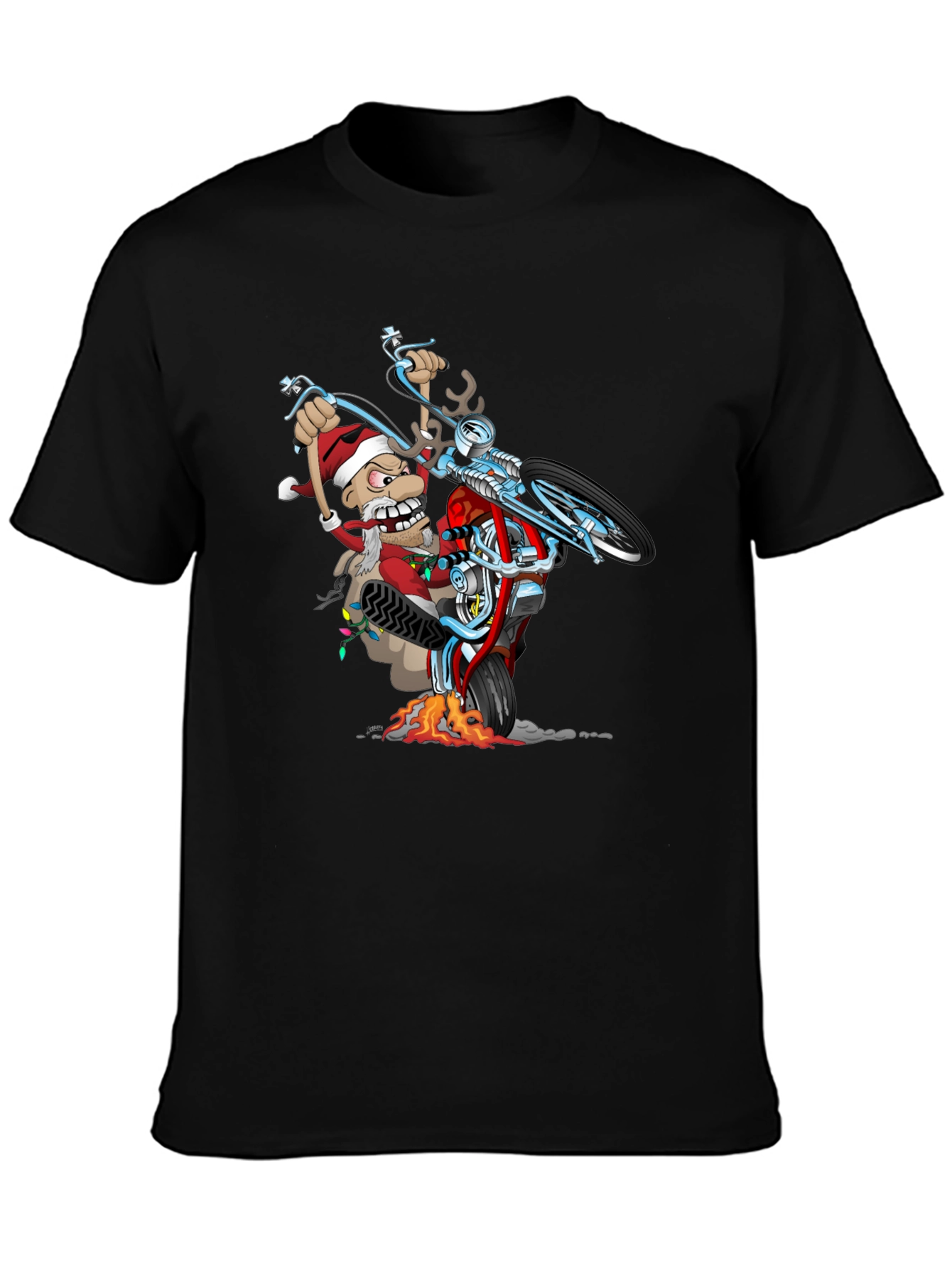 Black Santa Biker T-Shirt - Holiday Motorcycle Wheelie Tee view 3