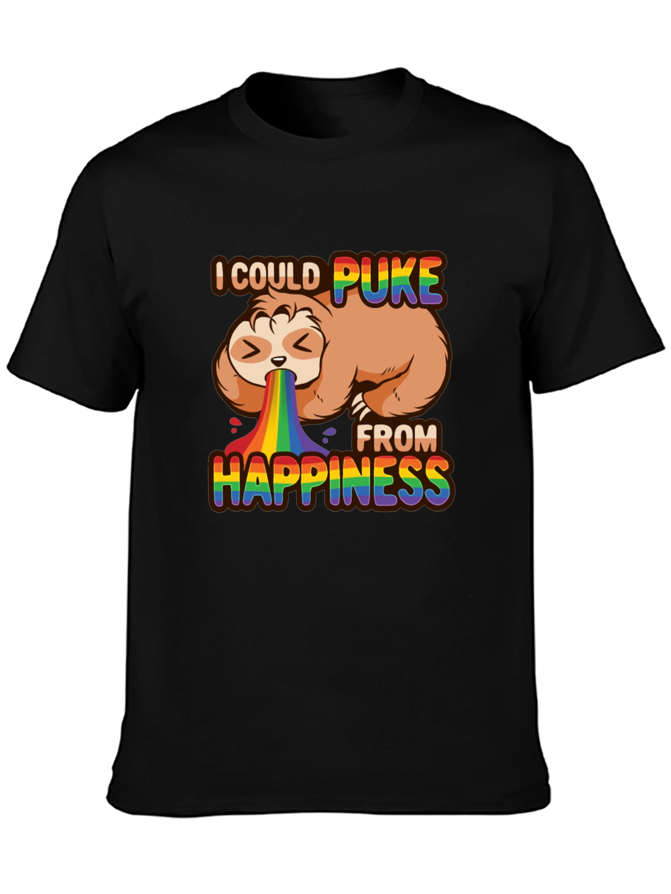 Black Sloth Rainbow Puke Happiness T-Shirt view 3