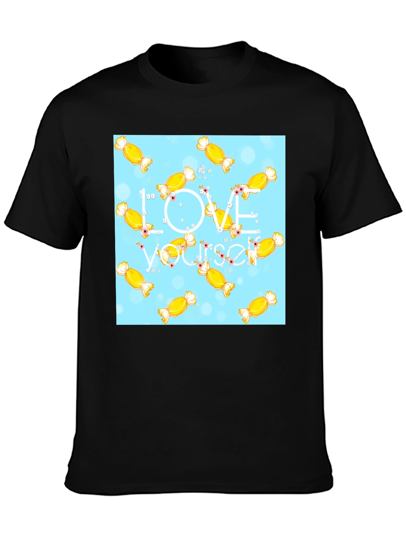Black Love Yourself Candy Pattern Black T-Shirt view 3