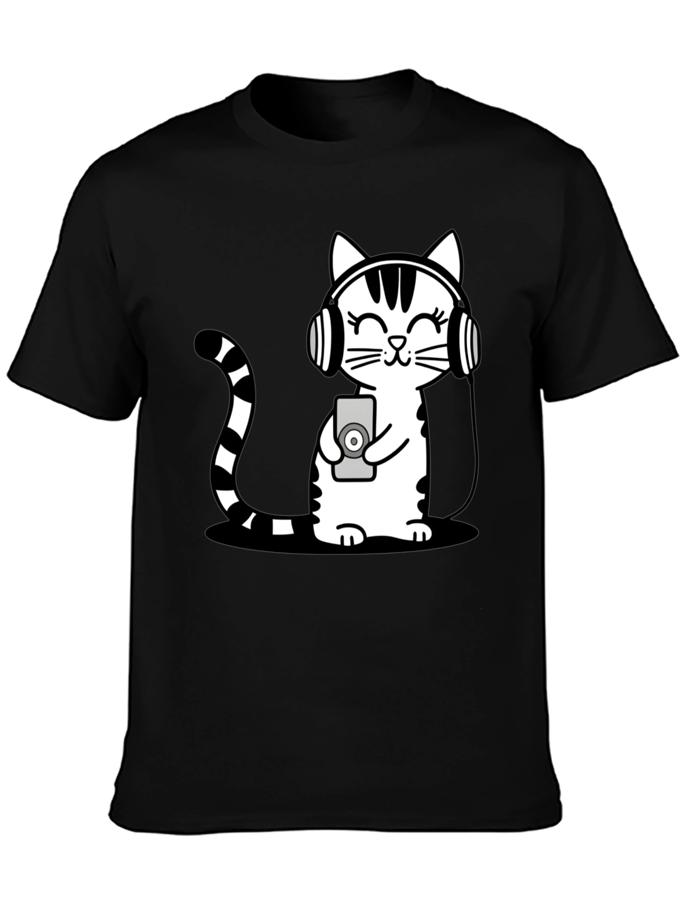 Black Cool Cat Headphones Graphic T-Shirt view 3