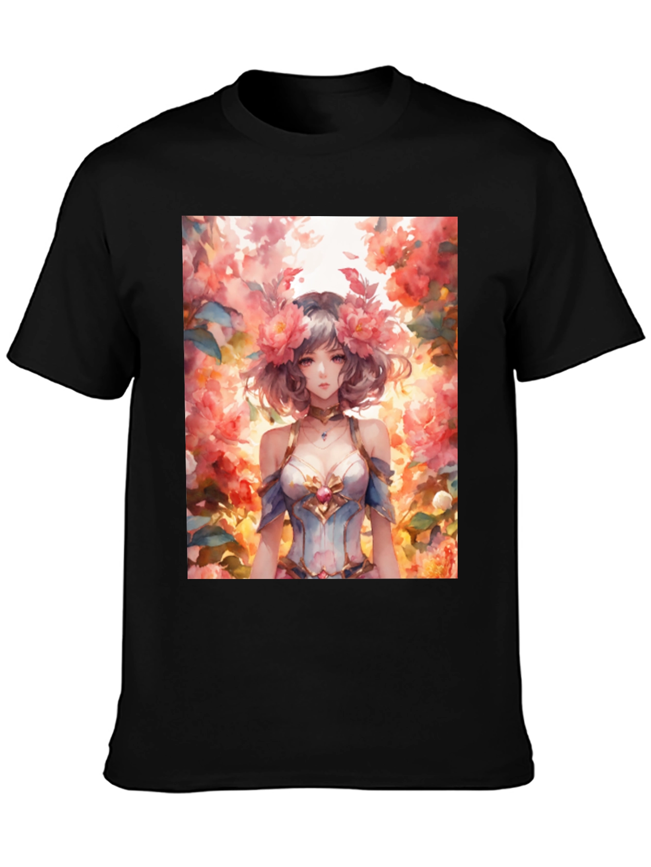 Black Floral Anime Girl Graphic Tee - Stylish & Unique view 3