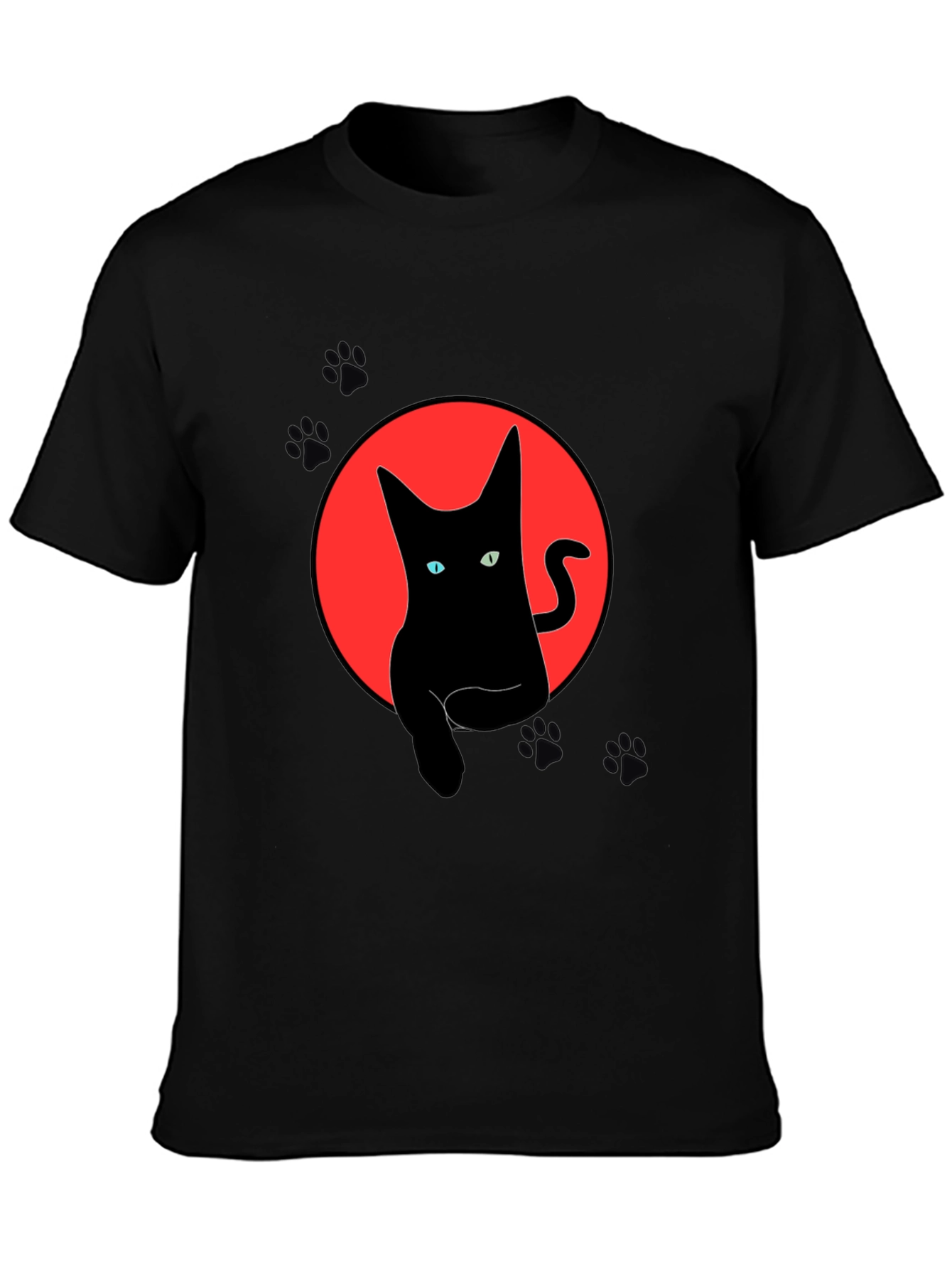 Black Black Cat Graphic Tee - Round Red Moon Design view 3