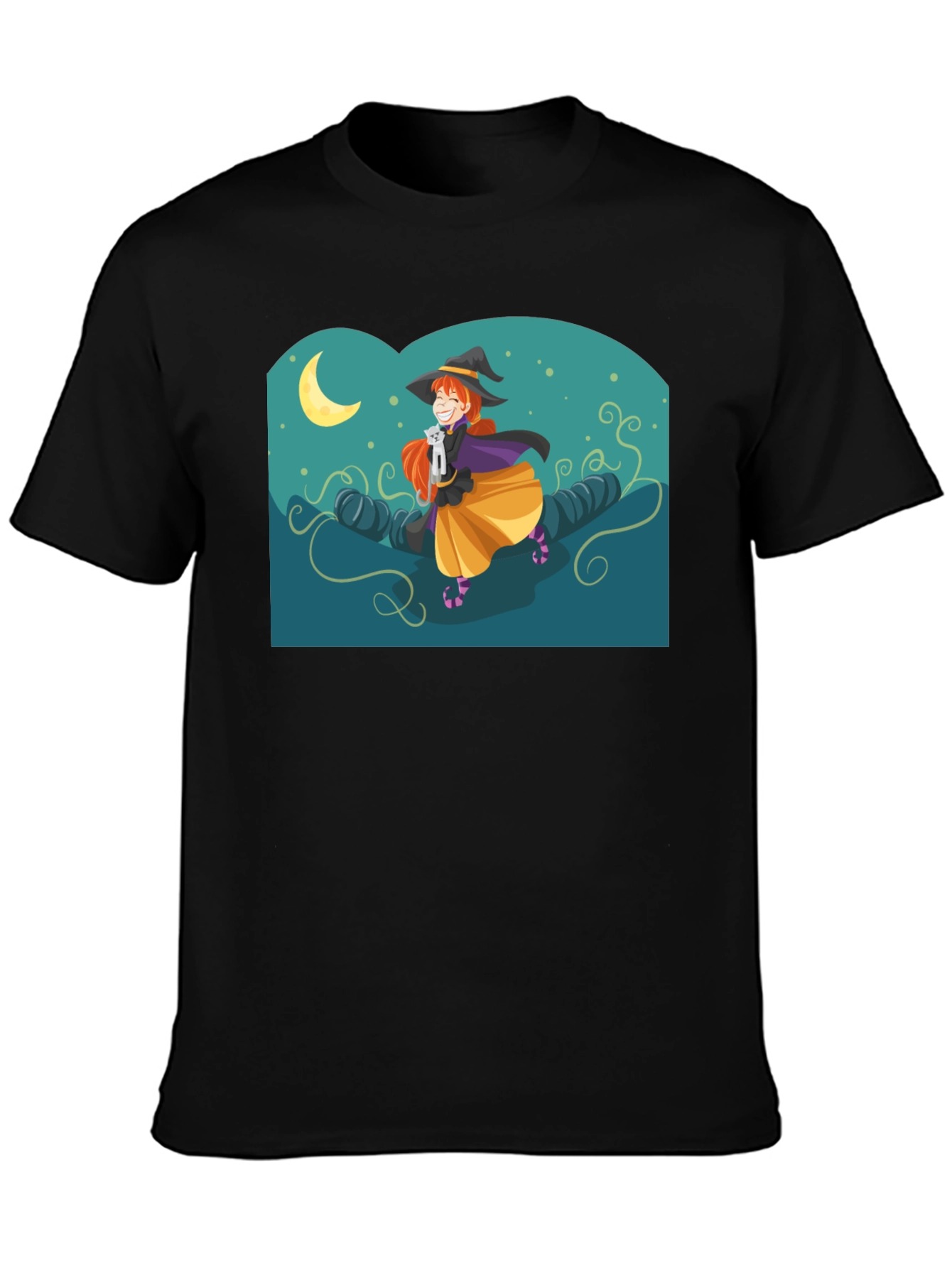 Black Whimsical Witch Graphic Tee - Black Cotton Shirt view 3