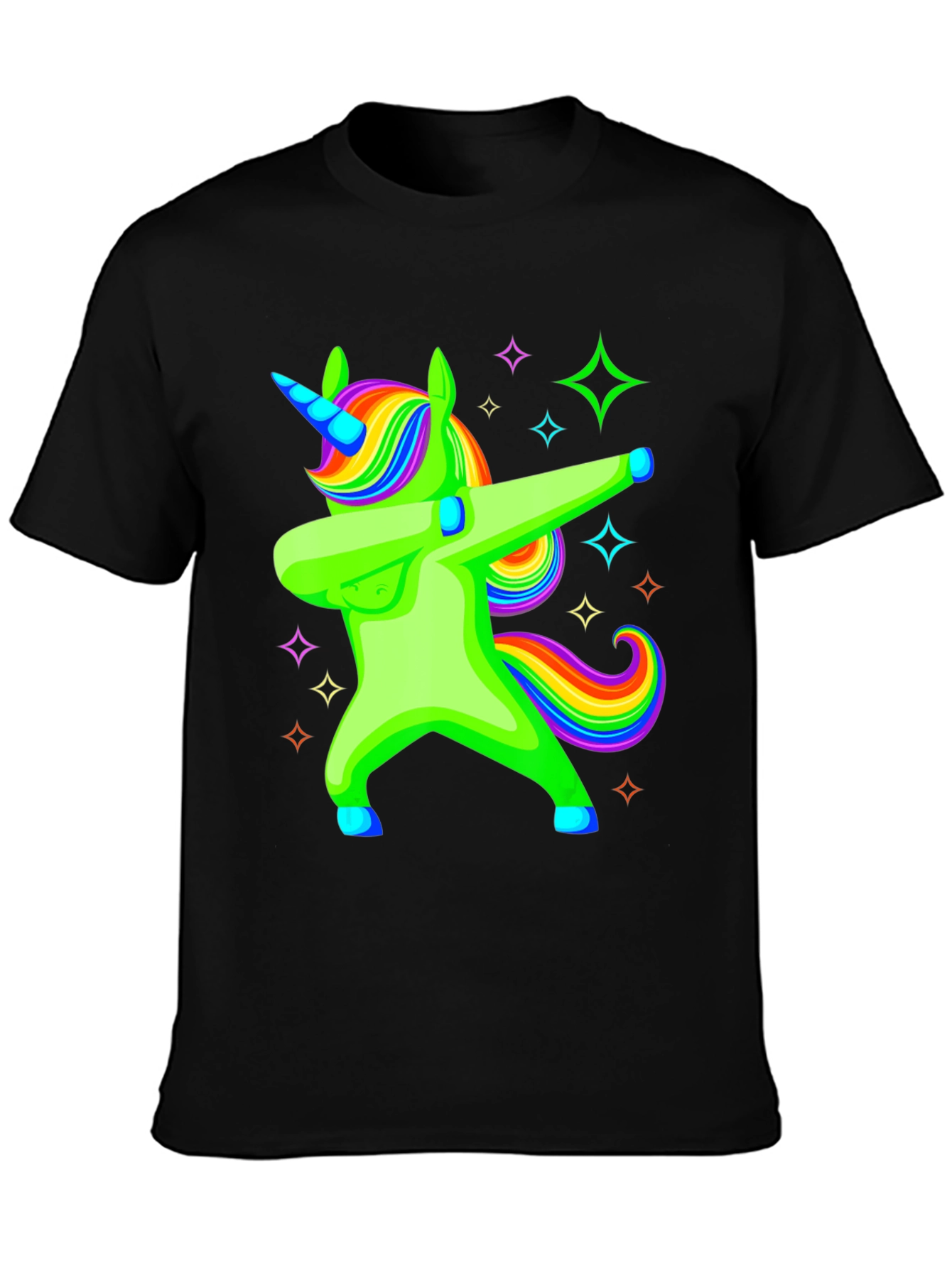 Black Dabbing Unicorn Graphic Tee - Rainbow Mane Black T-Shirt view 3
