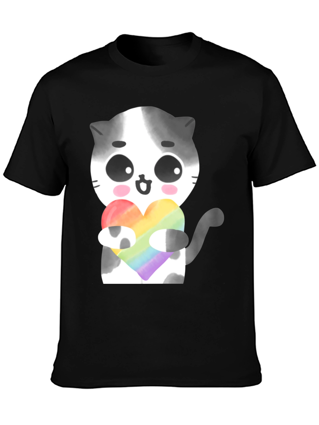 Black Cute Cat Holding Rainbow Heart T-Shirt view 3