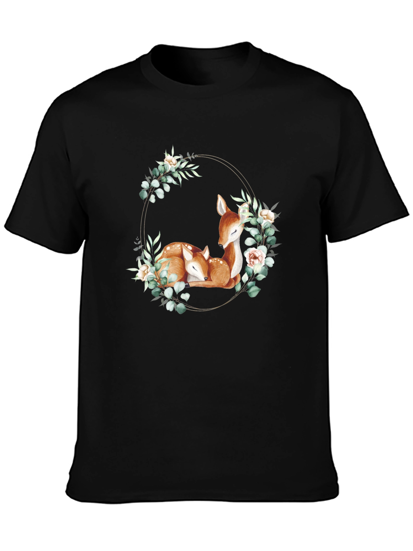 Black Deer Floral Wreath Black T-Shirt view 3