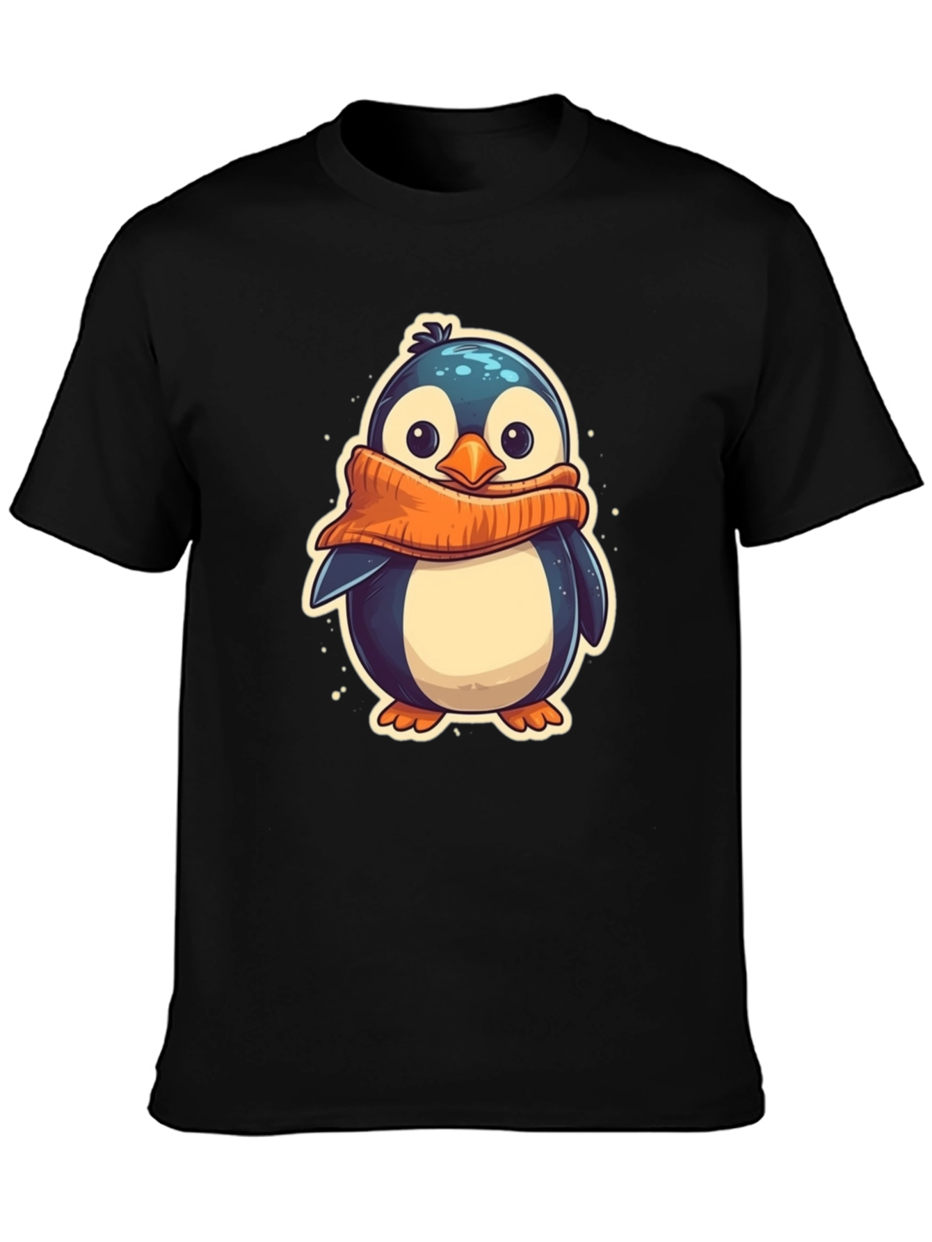 Black Cute Penguin Scarf Graphic Tee - Black Cotton T-Shirt view 3