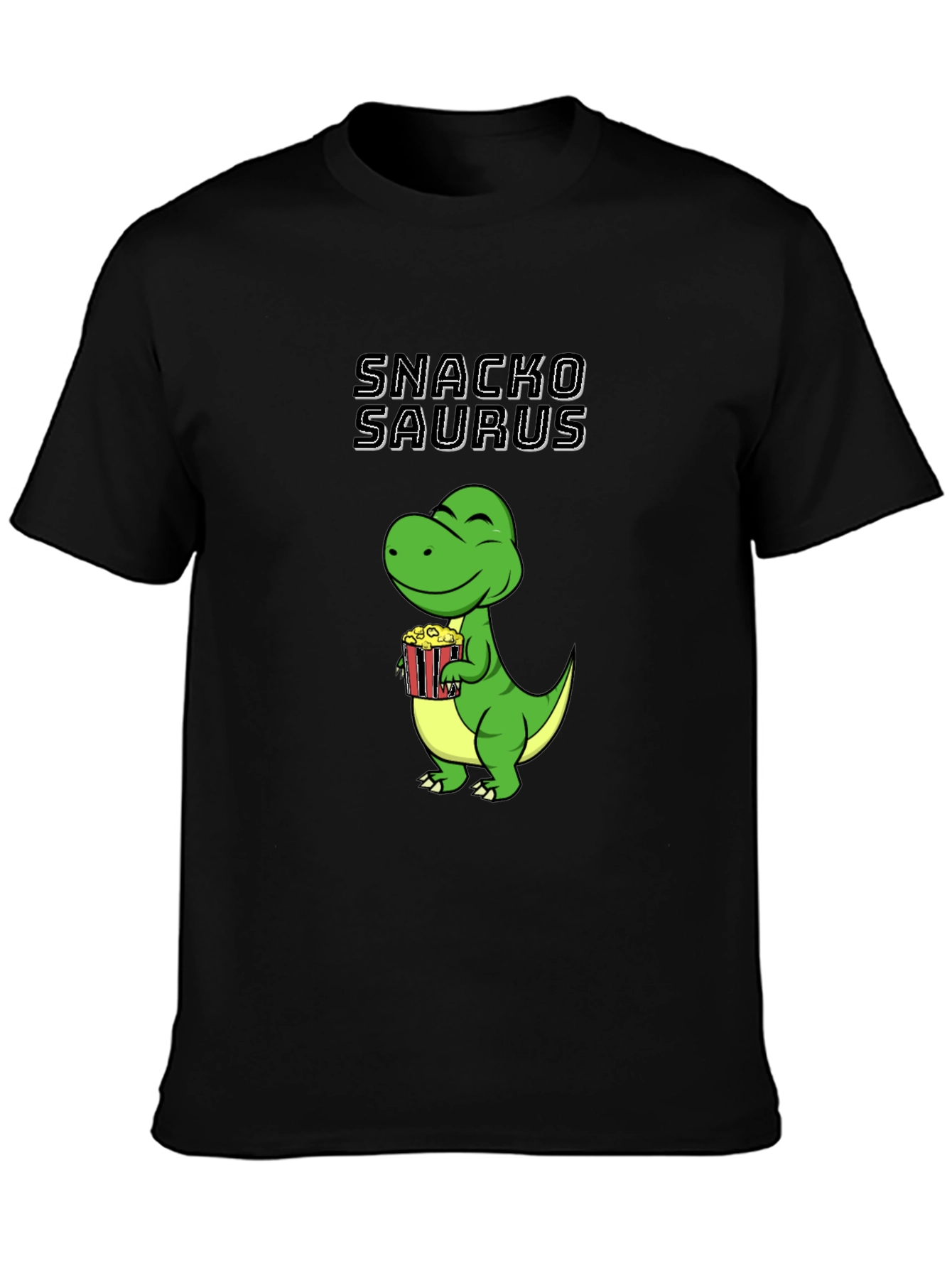 Black Snackosaurus T-Shirt - Funny Dinosaur Eating Popcorn Tee view 3