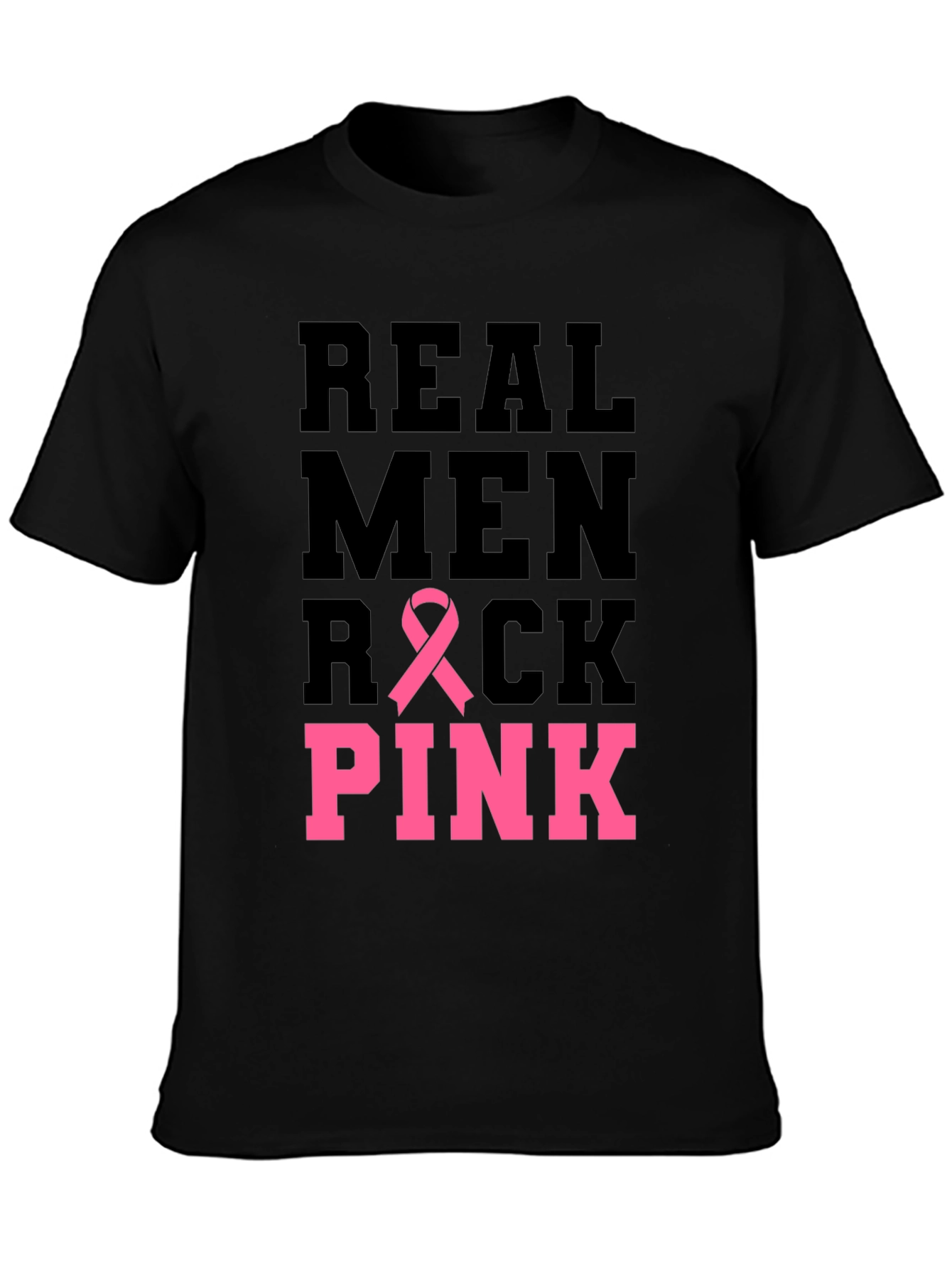 Black Real Men Rock Pink Breast Cancer Awareness T-Shirt view 3