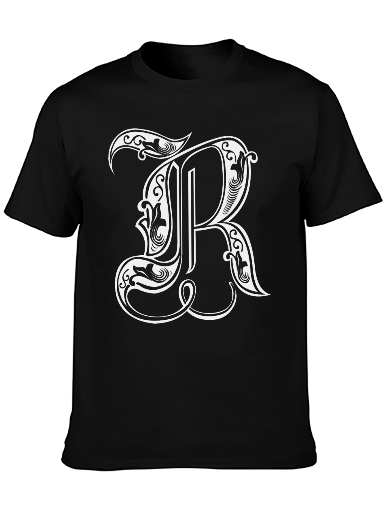 Black Ornate Initial 'R' Black Graphic T-Shirt view 3
